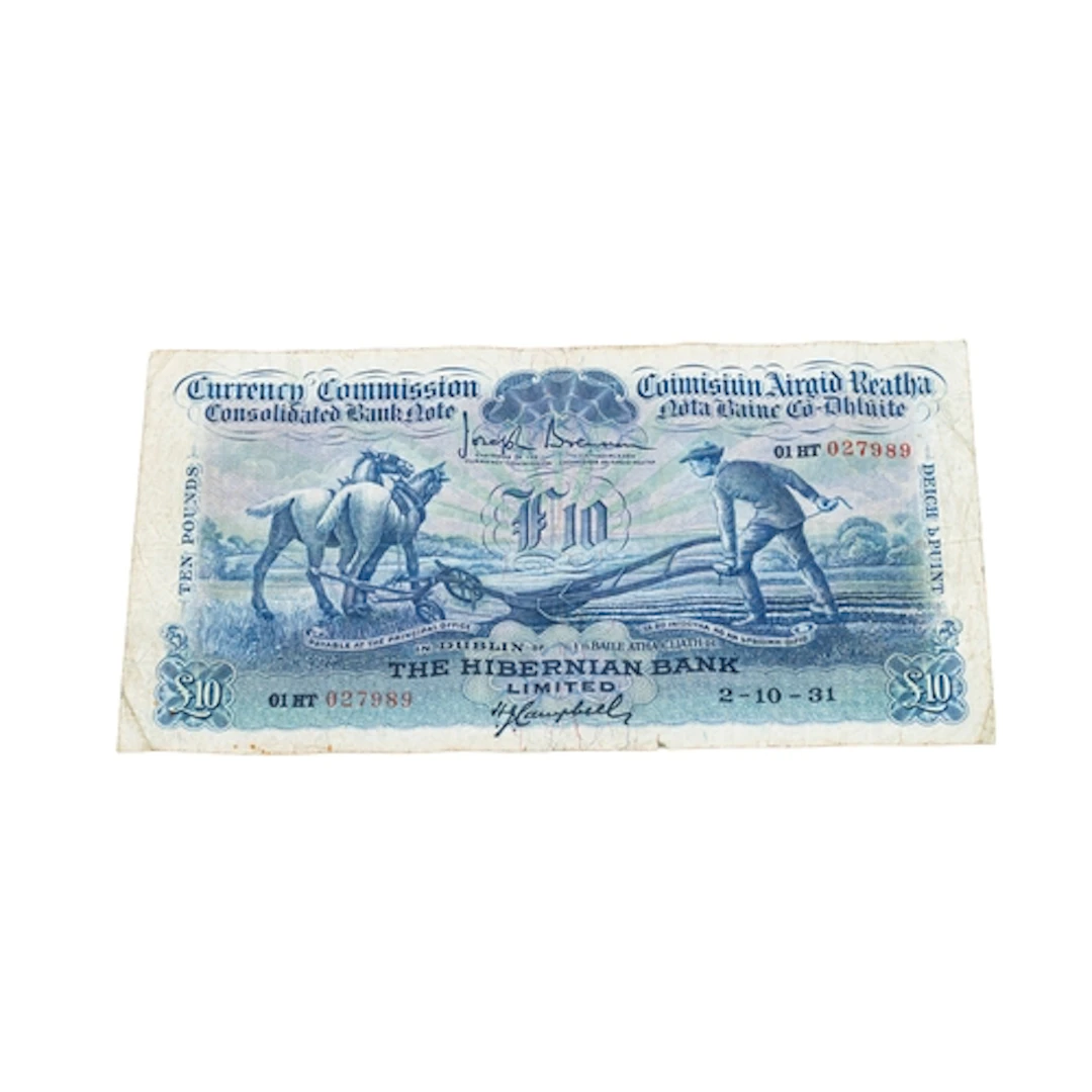 A 1931 HIBERNIAN £10 PLOUGHMAN IRISH BANKNOTE, fine, with sm...