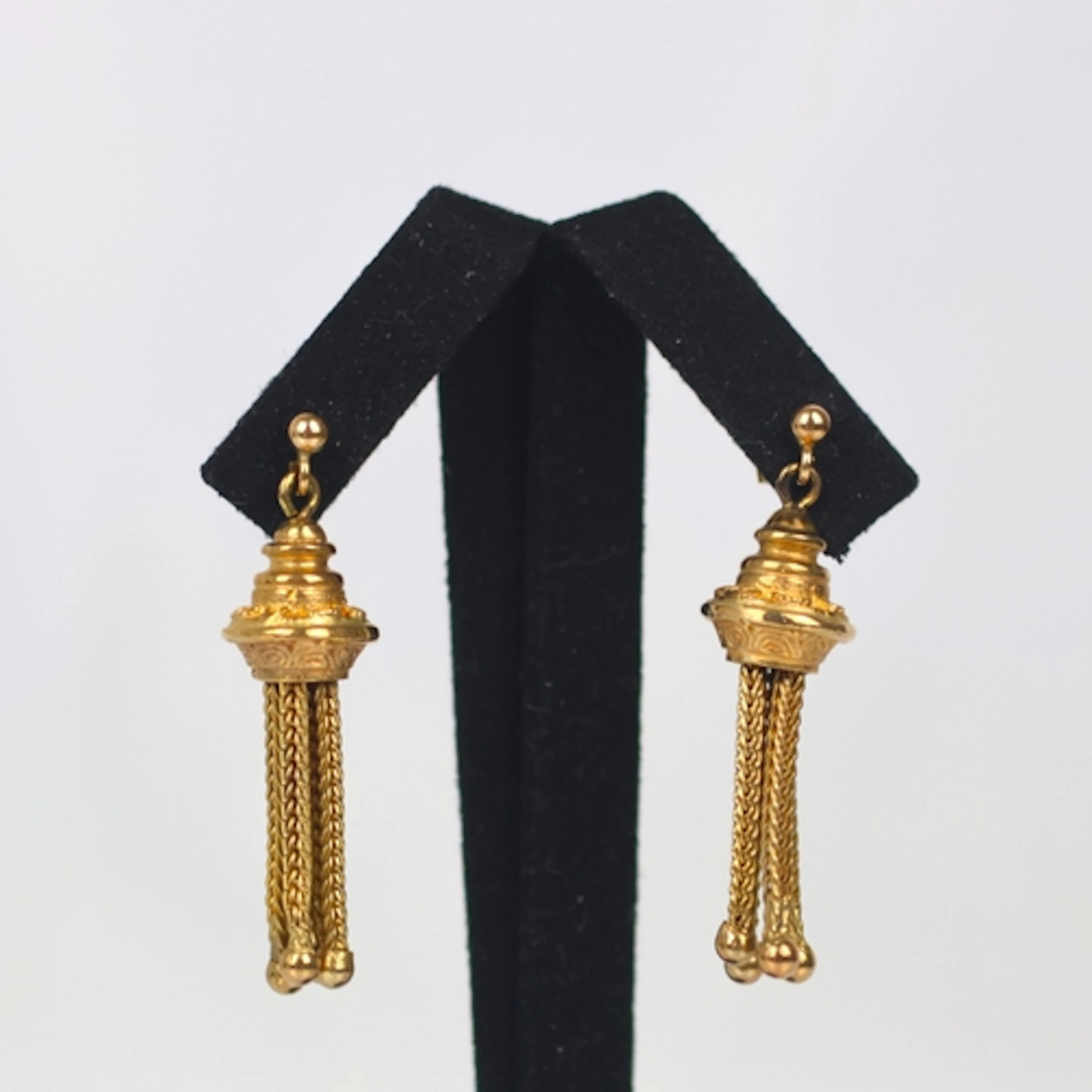 A pair of 19th century style gold plated earrings, the tasse...