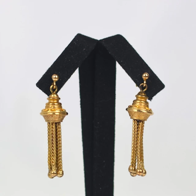 A pair of 19th century style gold plated earrings, the tasse...