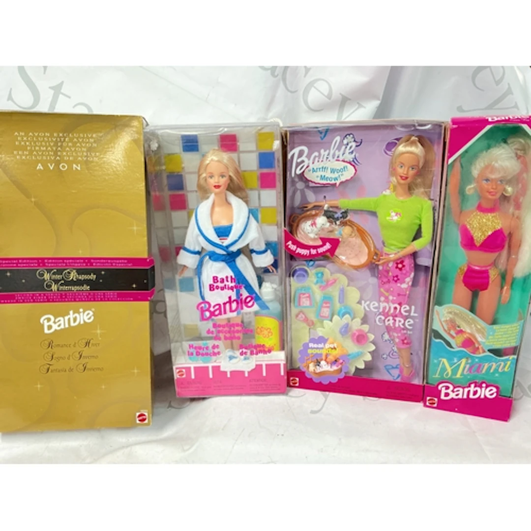 4 Boxed Barbie Dolls, Miami Barbie, Kennel Care, Bath Boutiq...