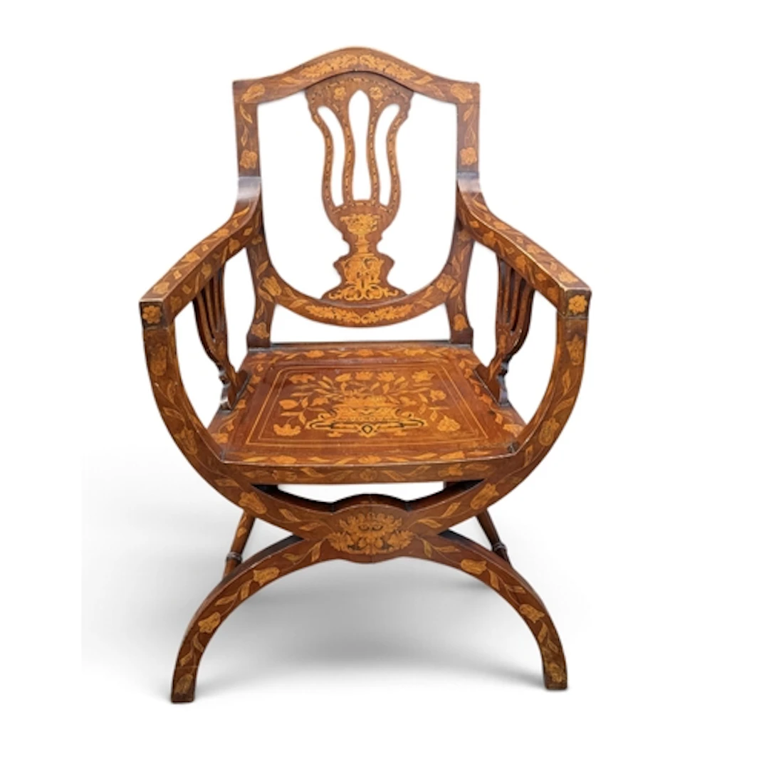 A 19TH CENTURY DUTCH MARQUETRY INLAID SAVONAROLA ARMCHAIR 95...