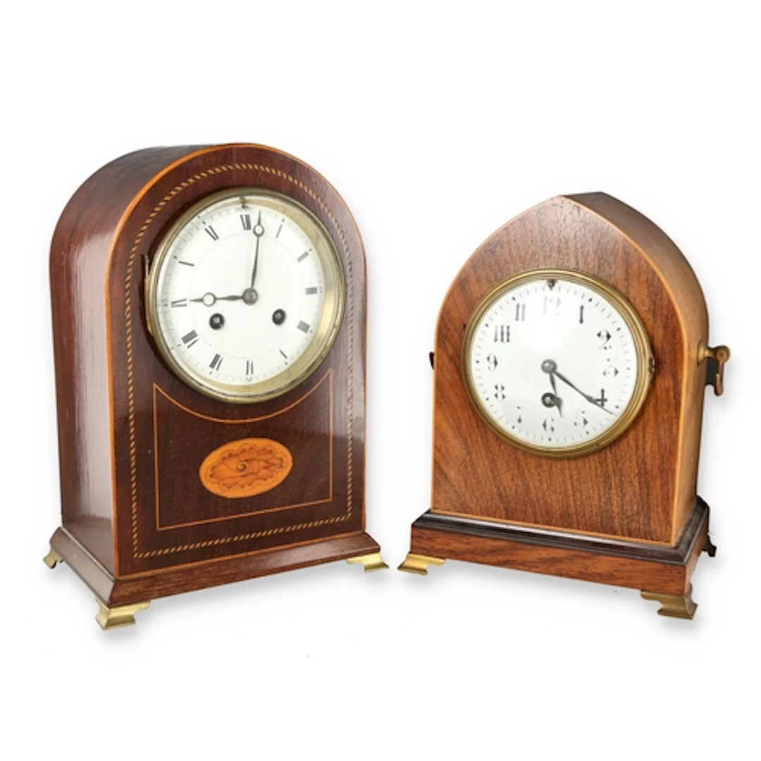 AN EDWARDIAN MAHOGANY BOXWOOD STRUNG AND INLAID ARCHED TOP M...