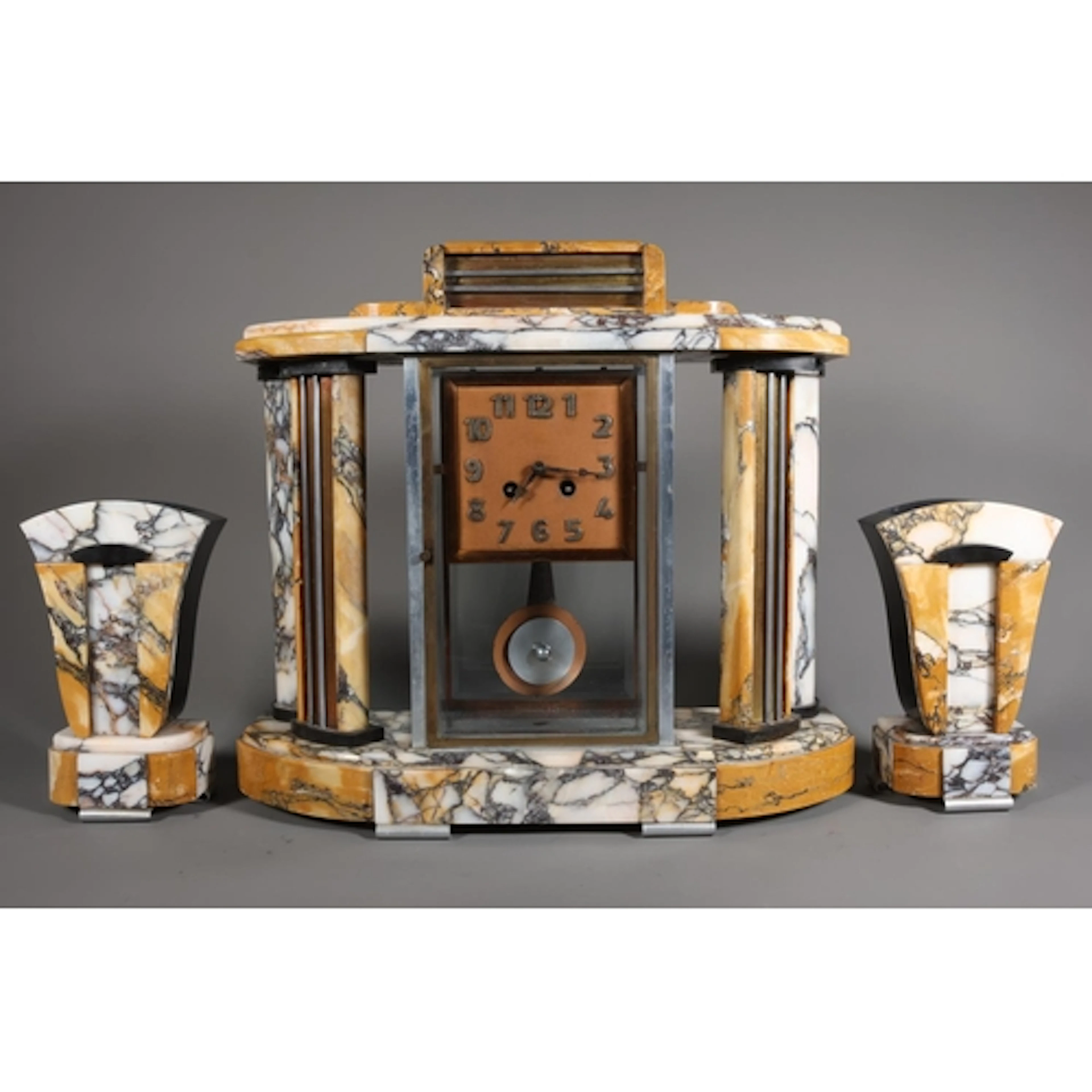 Art Deco mantle clock garniture set, the veined marble clock...