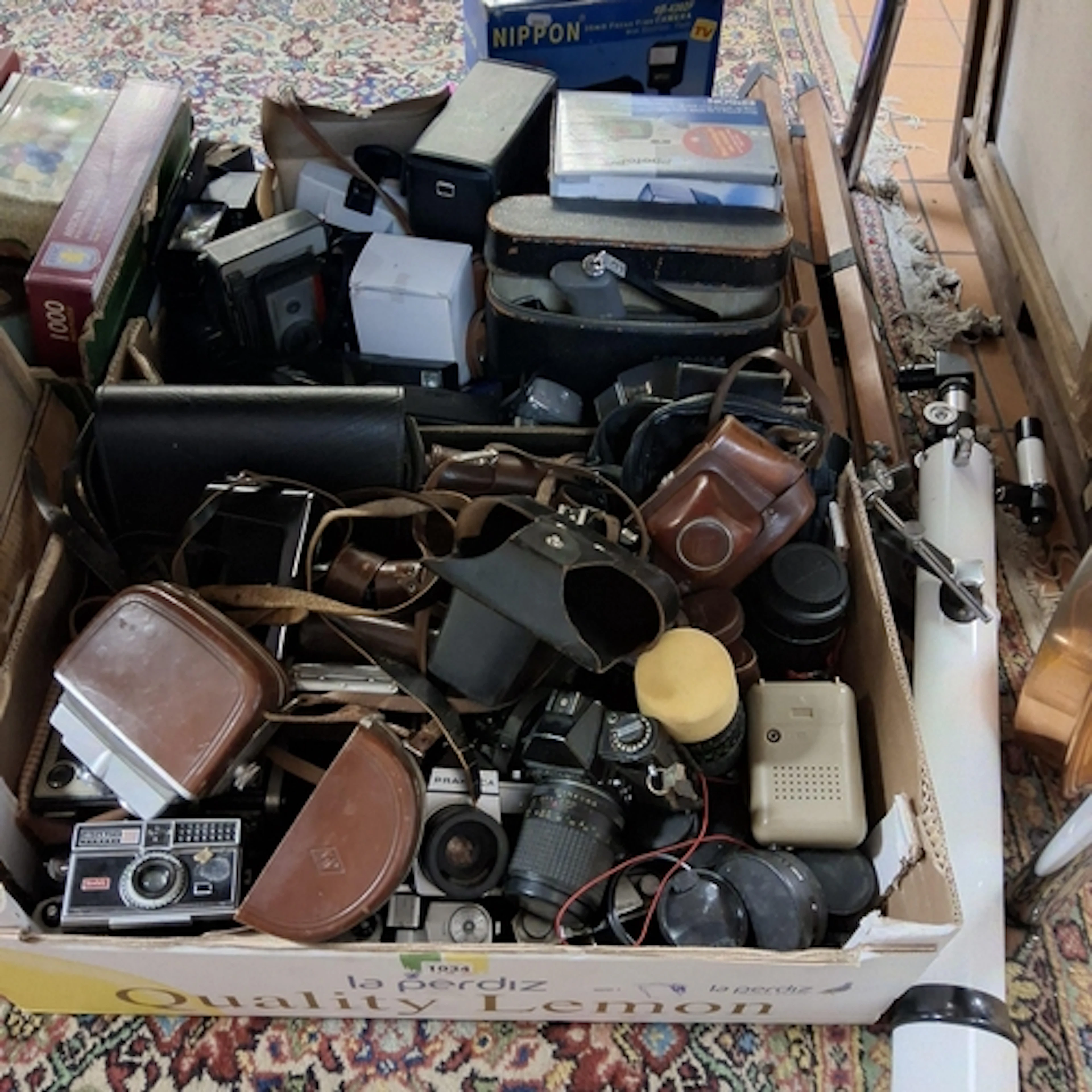 TWO BOXES AND LOOSE CAMERAS, ACCESSORIES AND TELESCOPE, to i...