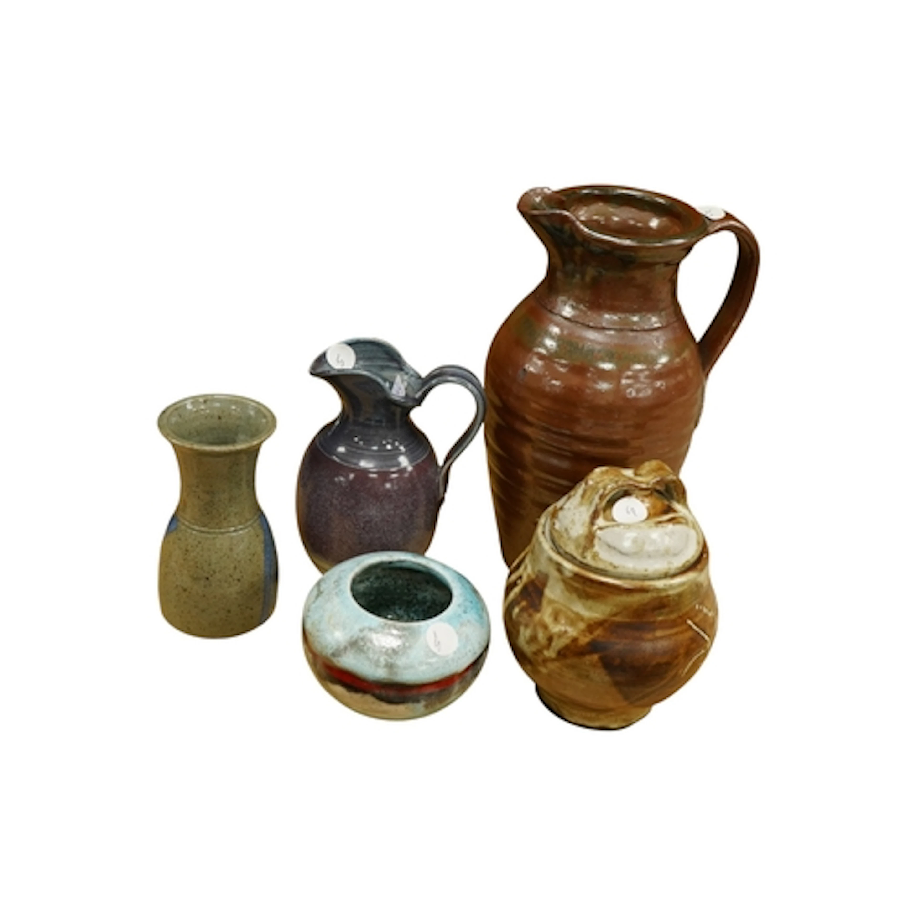 Five pieces of studio pottery to include a David Abbey jug a...