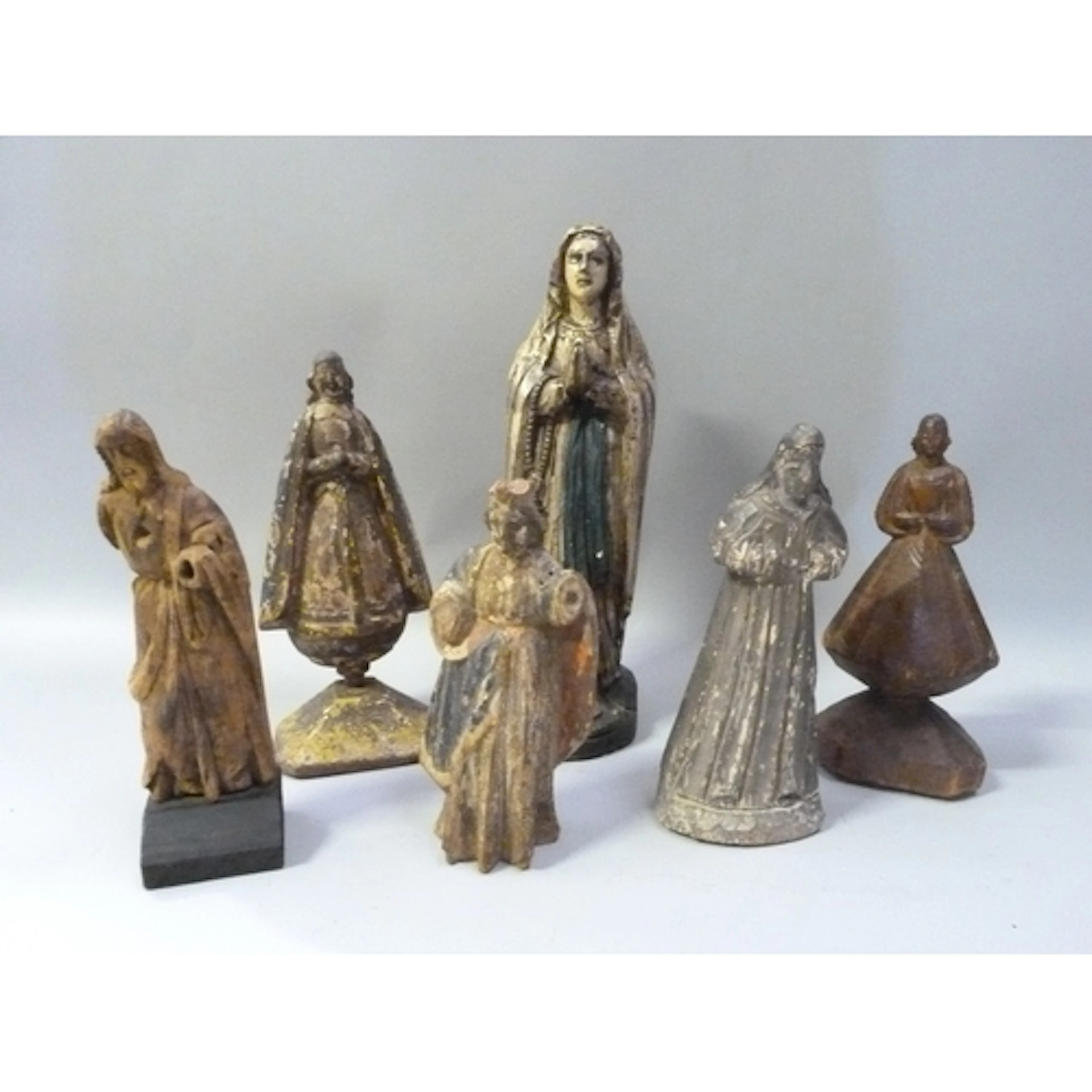 Group of six polychrome on wood and wooden carved sculpture'...