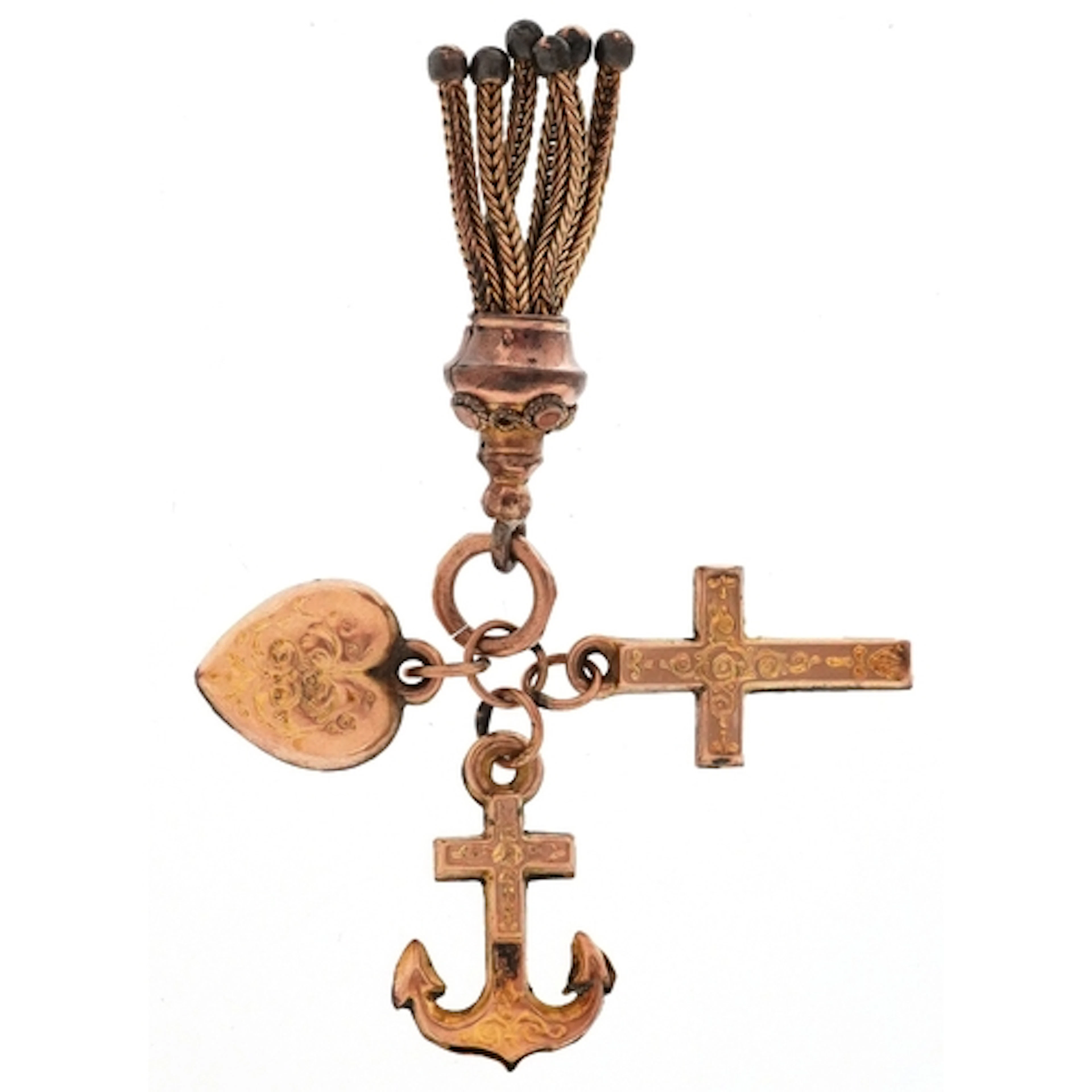 9ct gold Faith, Hope & Charity charm with yellow metal tasse...