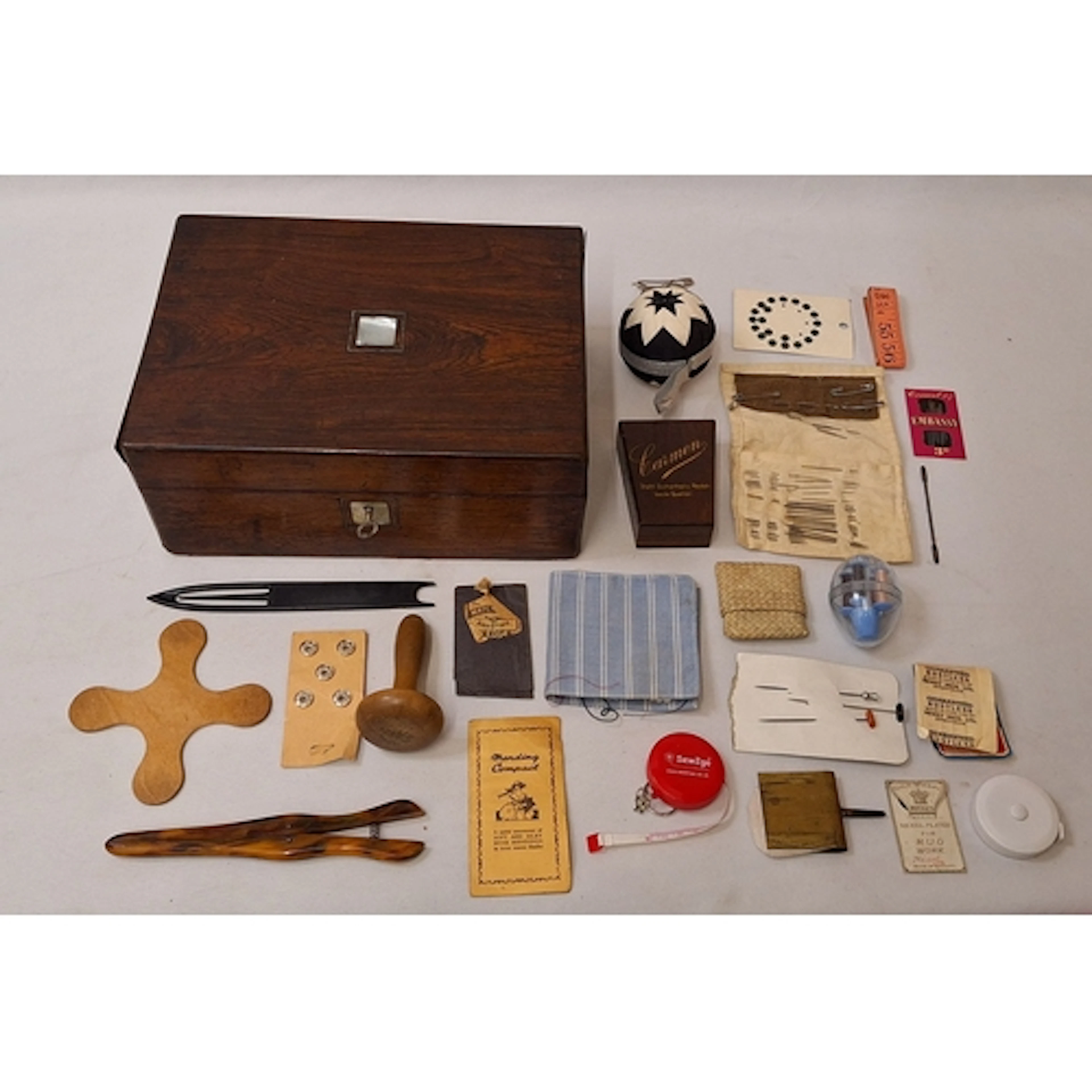 Large Antique Workbox with mother of pearl cartouche & escut...