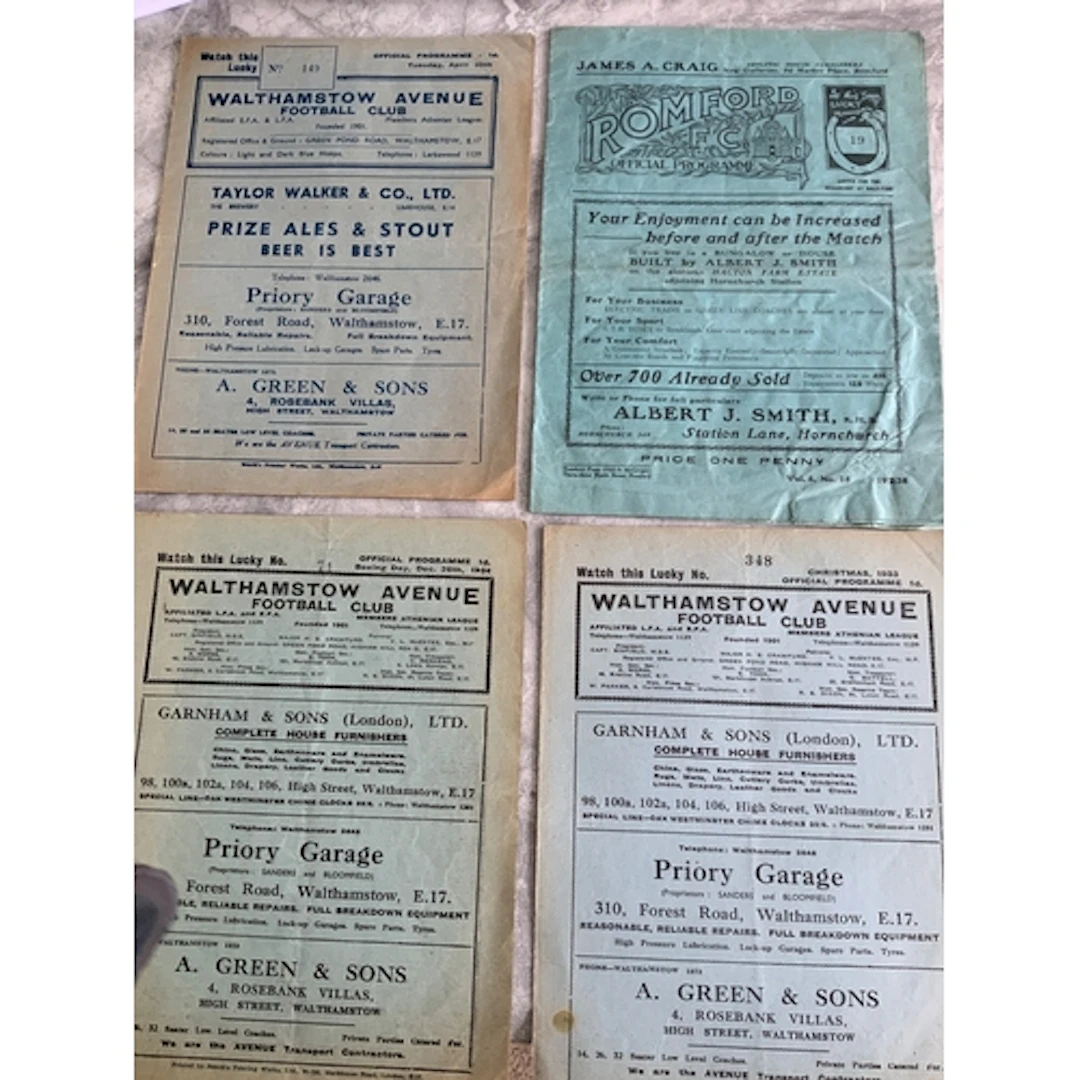 1930s Walthamstow v Romford Football Programmes: 33/34 which...