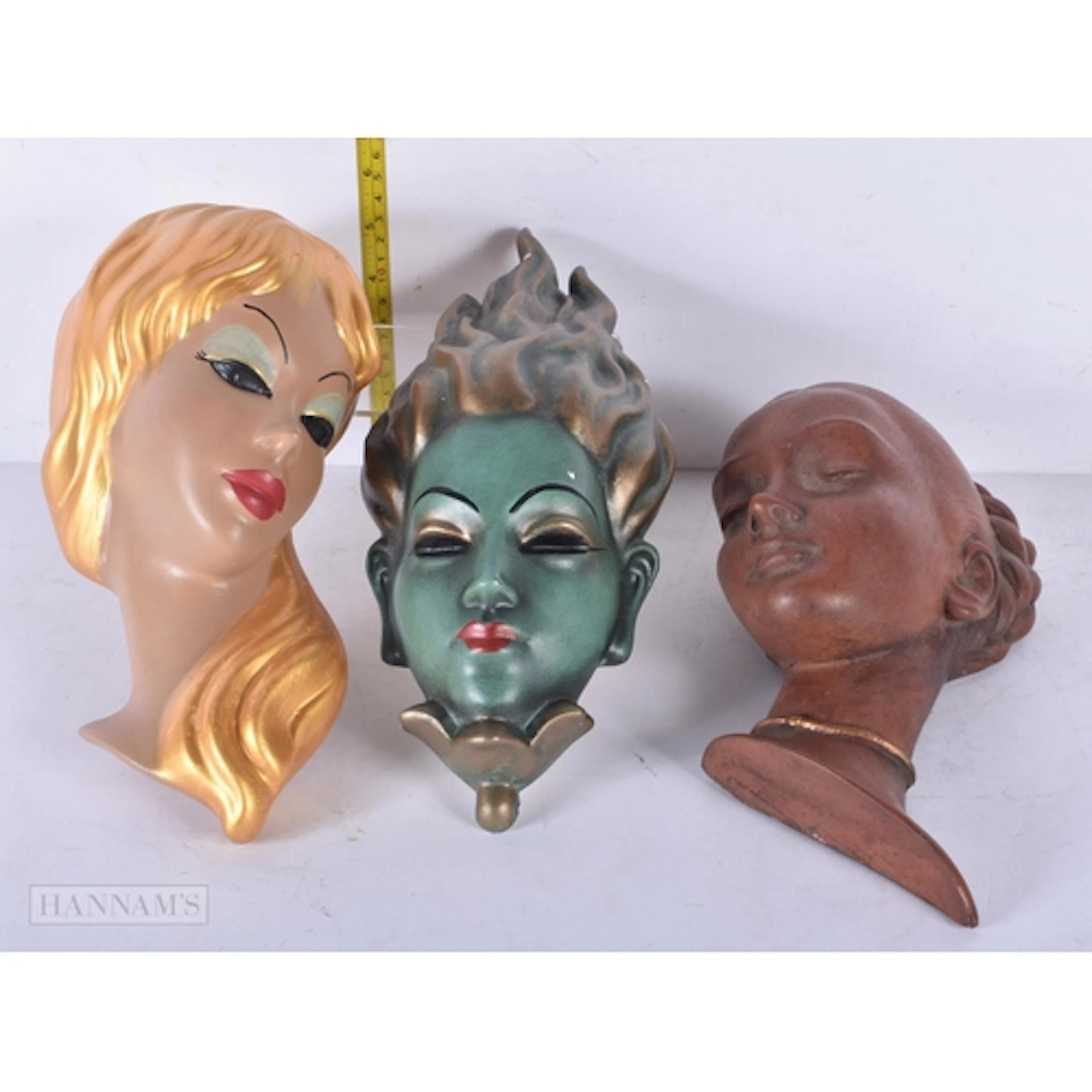 Three vintage Art Deco style plaster wall masks 28cm (3)