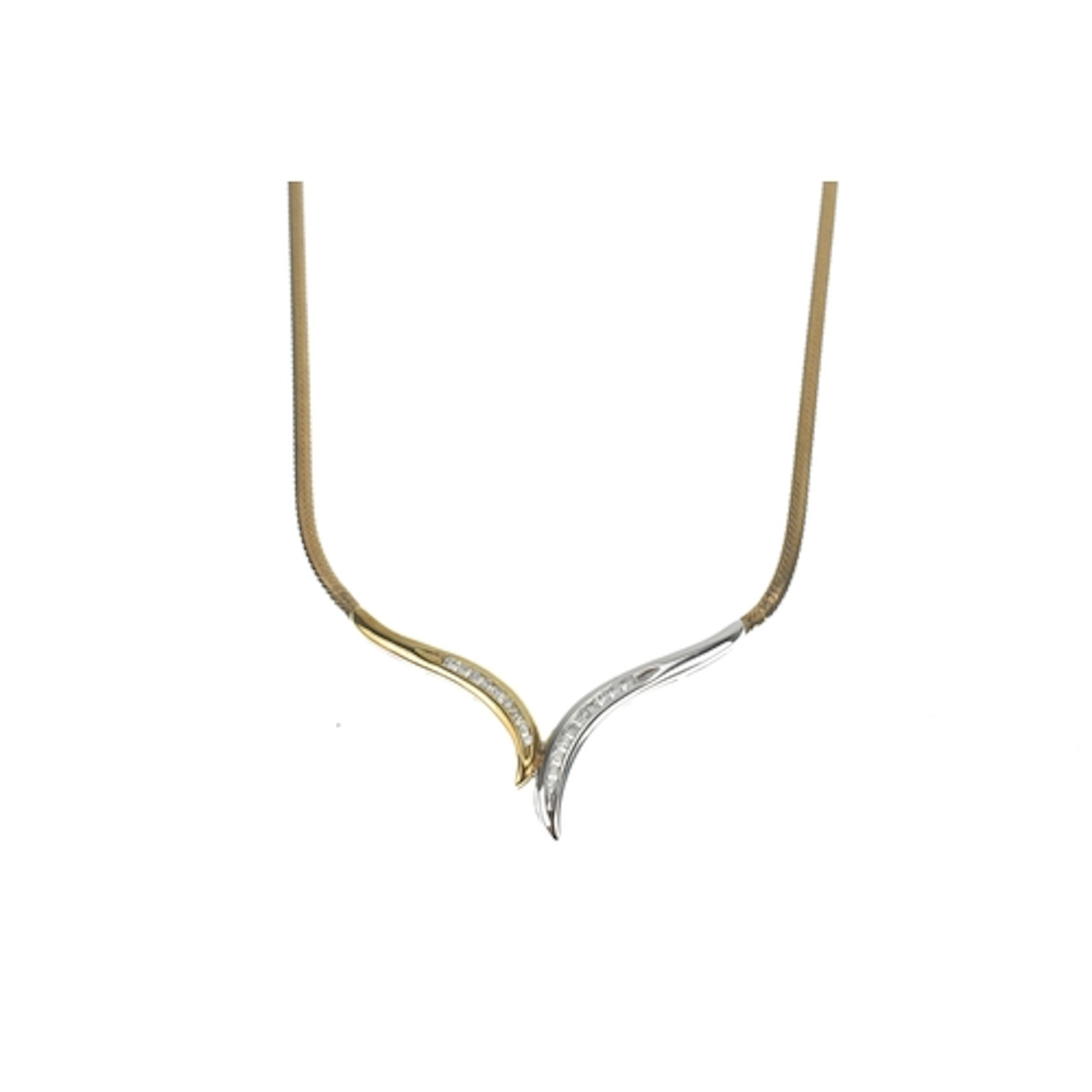 A 9ct yellow and white gold V shaped herringbone choker neck...