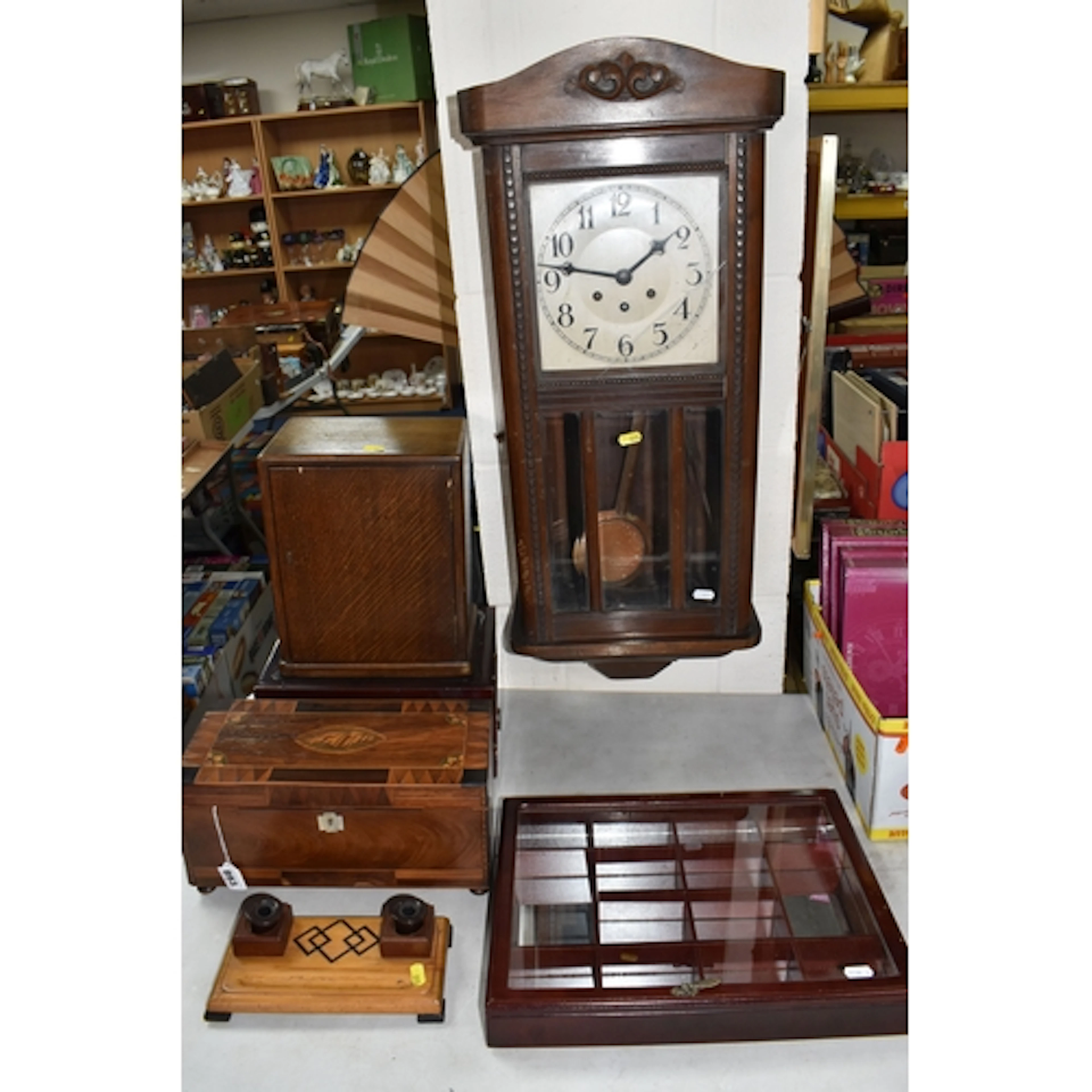 A COLLECTION OF VINTAGE WOODEN ITEMS to include a marquetry ...