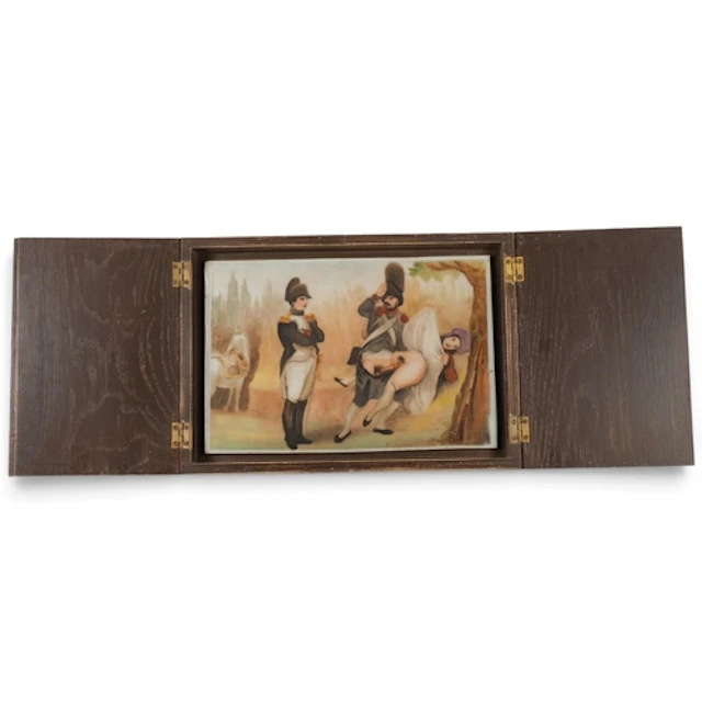 A hand-painted opaque glass plaque, depicting Napoleon Bonap...