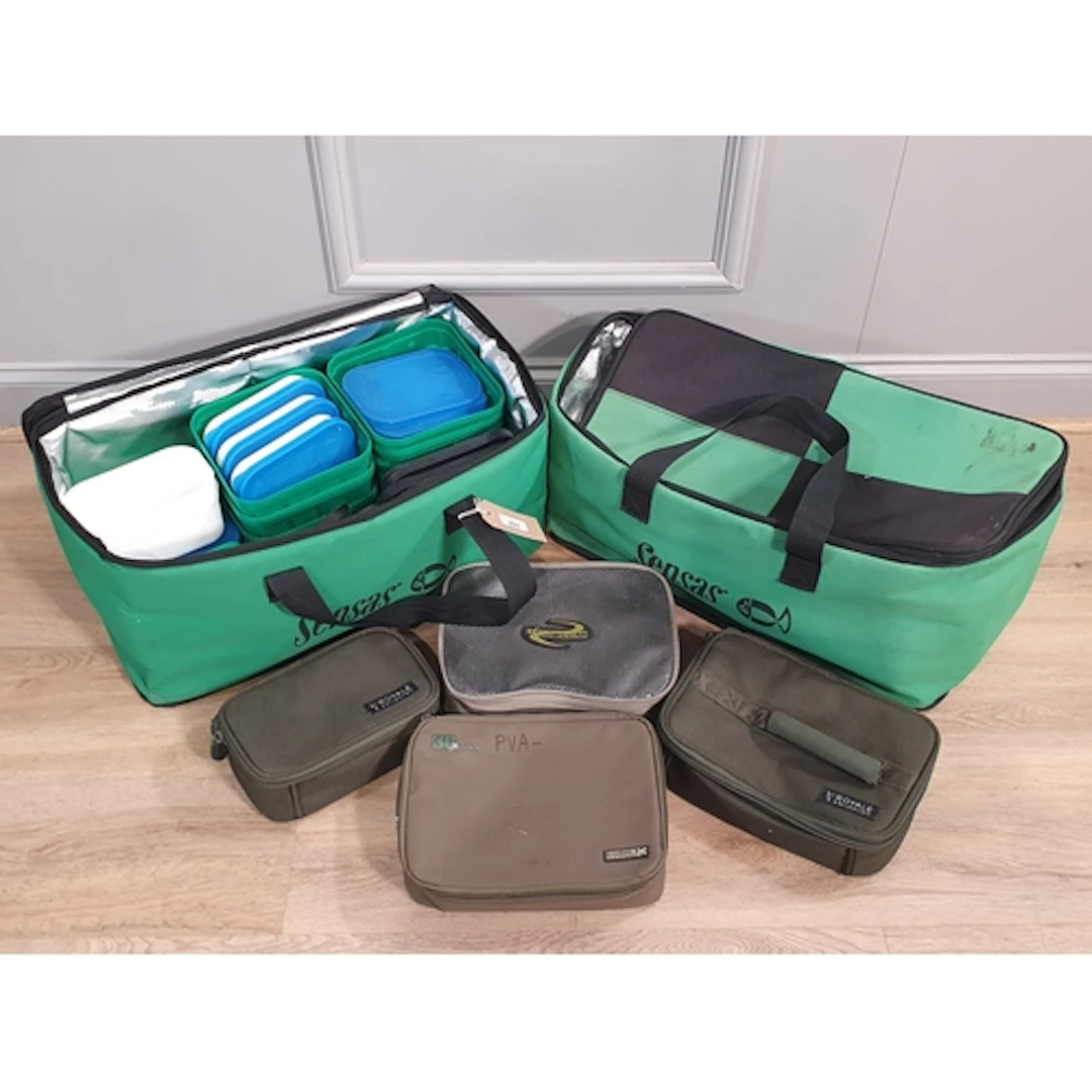 Two green and black Sensas Fishing Bags containing assorted ...