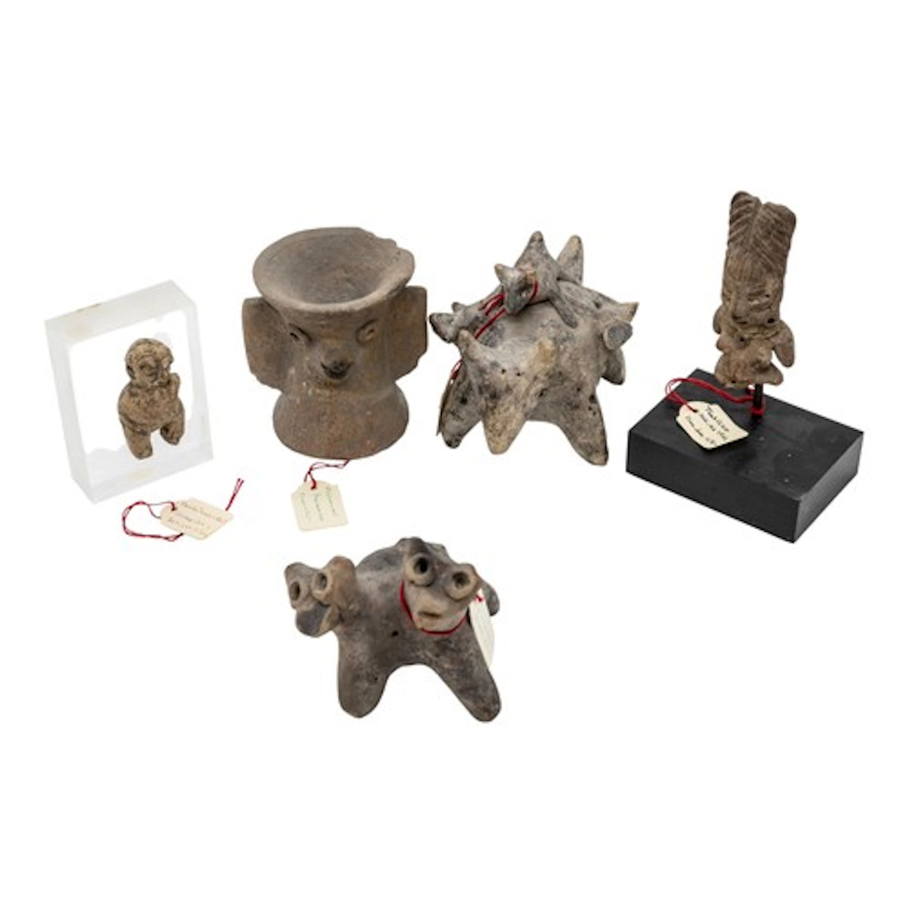 A GROUP OF PRECOLUMBIAN POTTERY FUGURES AND OBJECTS, zoomorp...