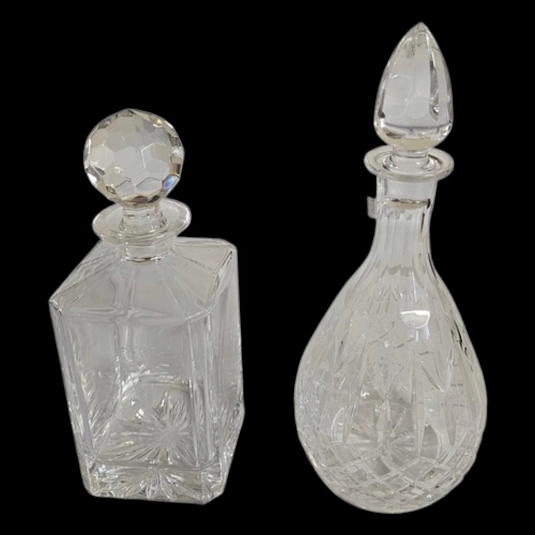 TWO VINTAGE CUT LEAD CRYSTAL DECANTERS Square spirit decante...