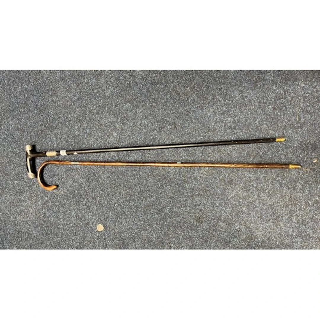 Silver collared walking stick and another silver topped and ...