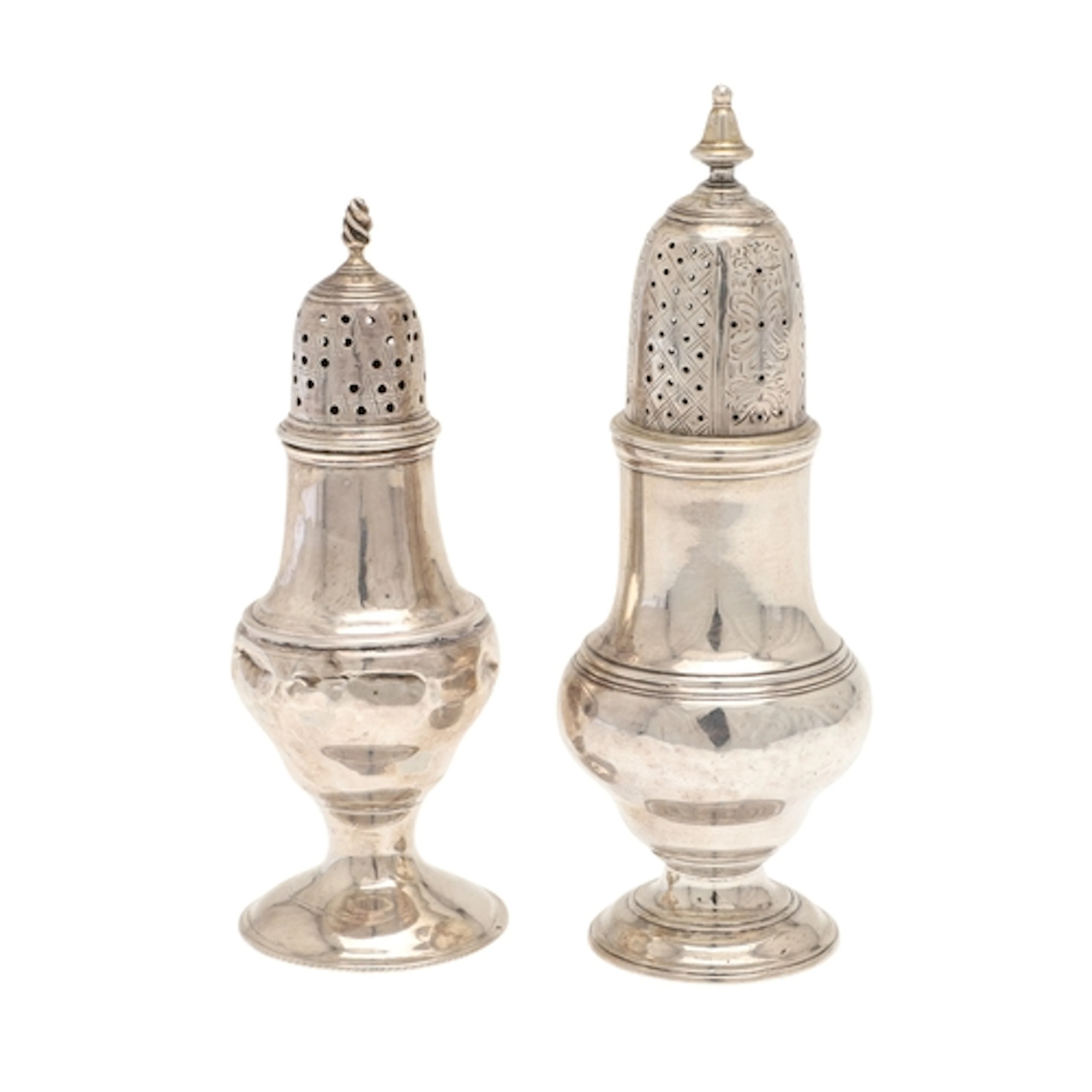 TWO 18TH CENTURY SILVER CASTERS. Both of baluster form with ...