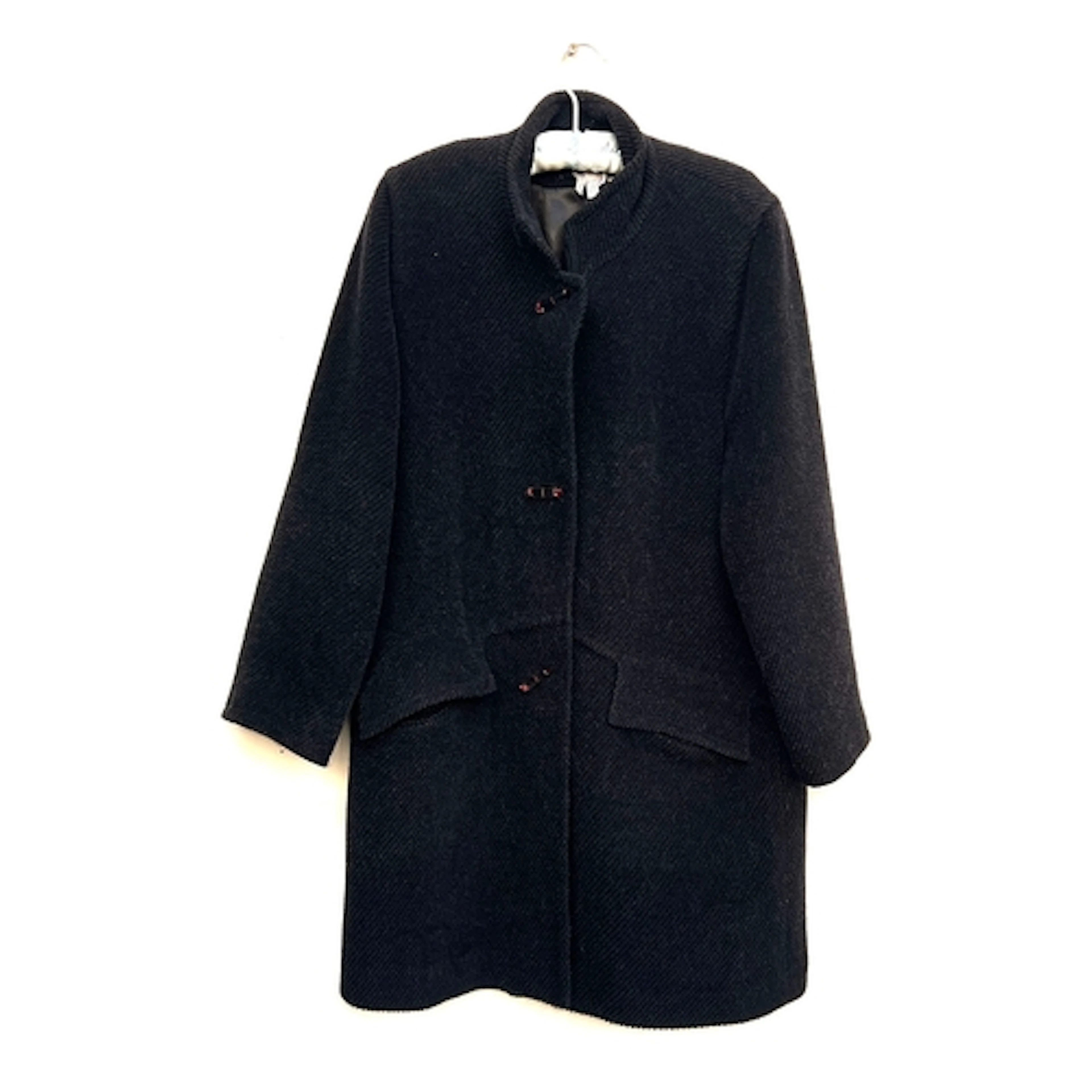 A Jean Muir black alpaca wool/blend coat with purple lucite ...