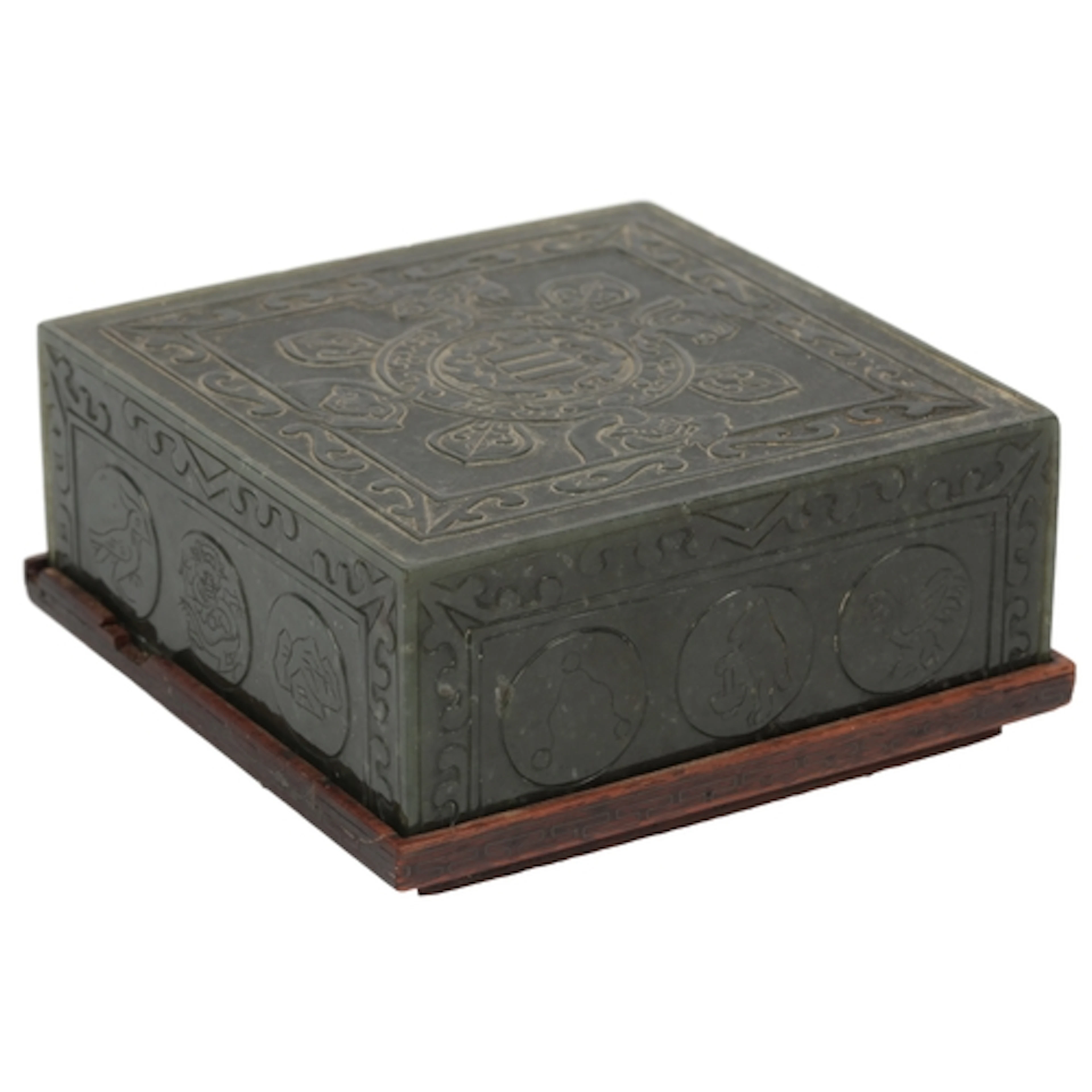 A Chinese spinach green jade and hongmu box, 20th century, t...