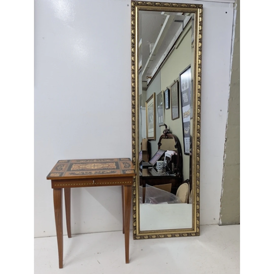An Italian inlaid musical jewellery table and a gilt framed ...