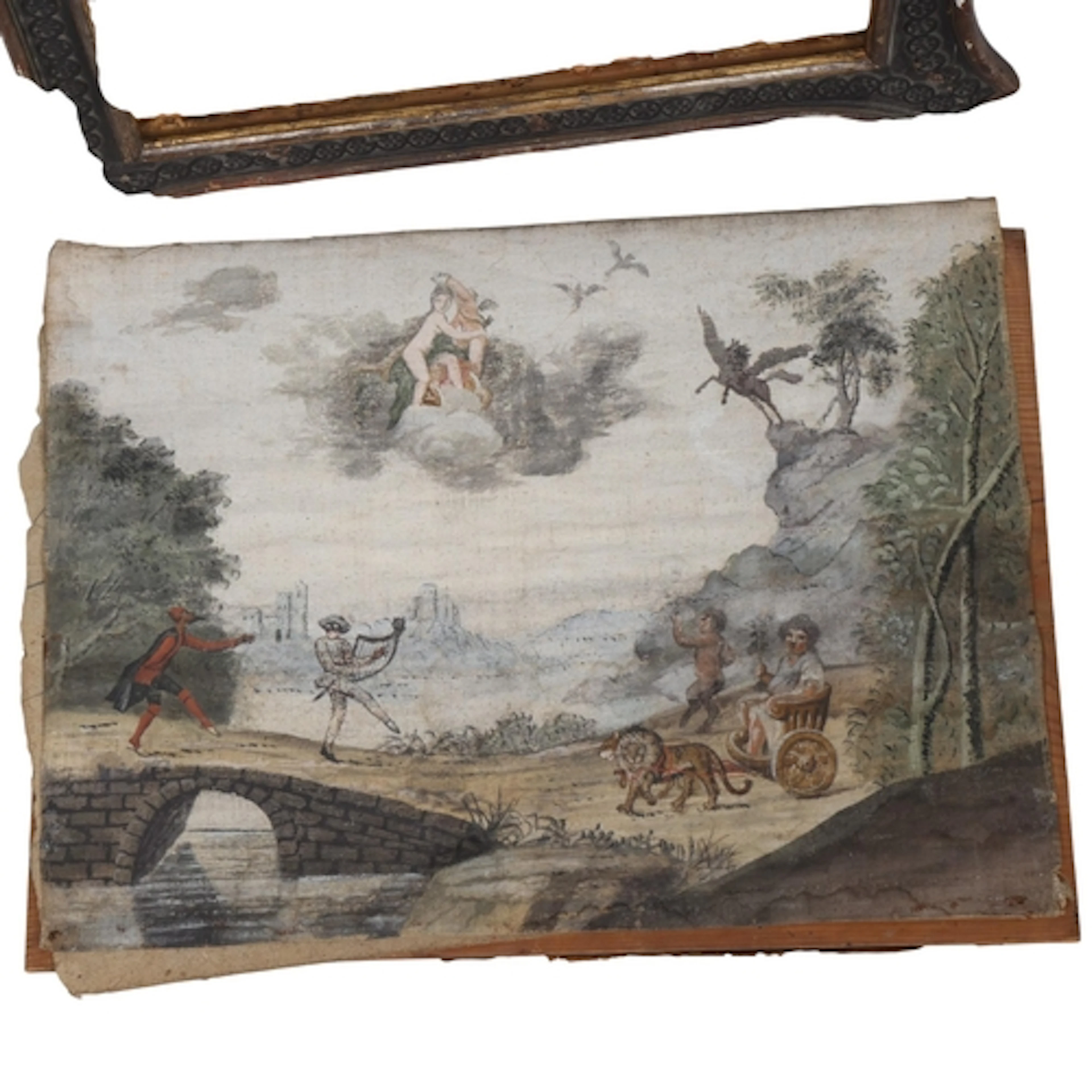A linen panel measuring approx 31cm x 42cm painted in a naif...