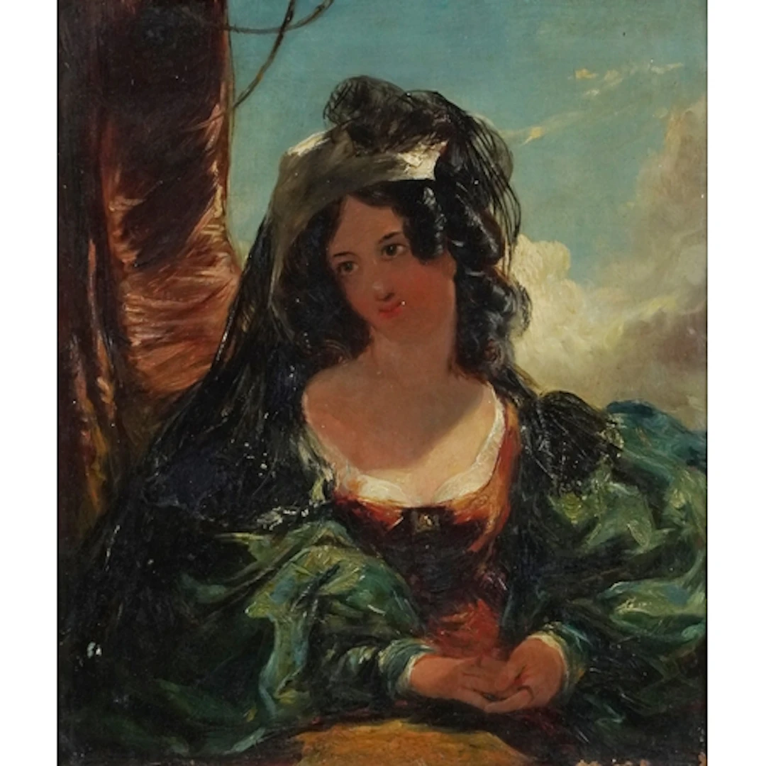 Three quarter length portrait of a young female wearing Span...
