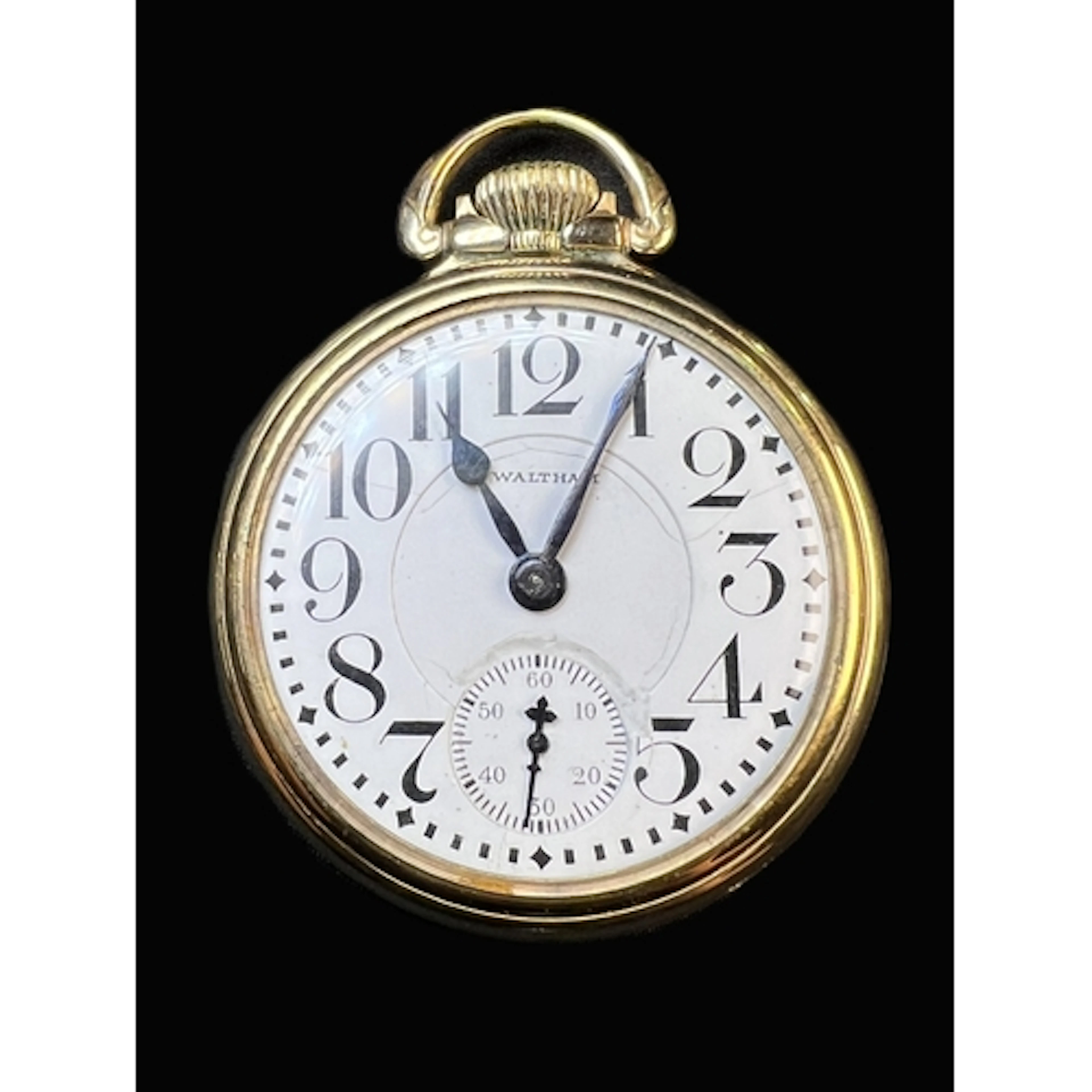 A gold plated open faced Waltham Railway watch, 23 jewel van...