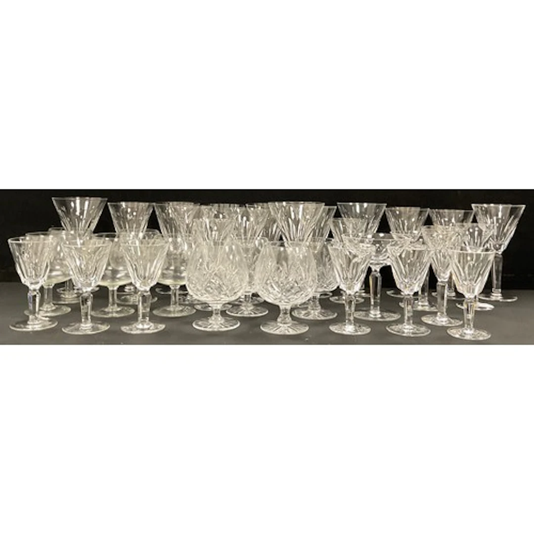 Glassware - set of six cut glass sherry glasses, nine wine g...