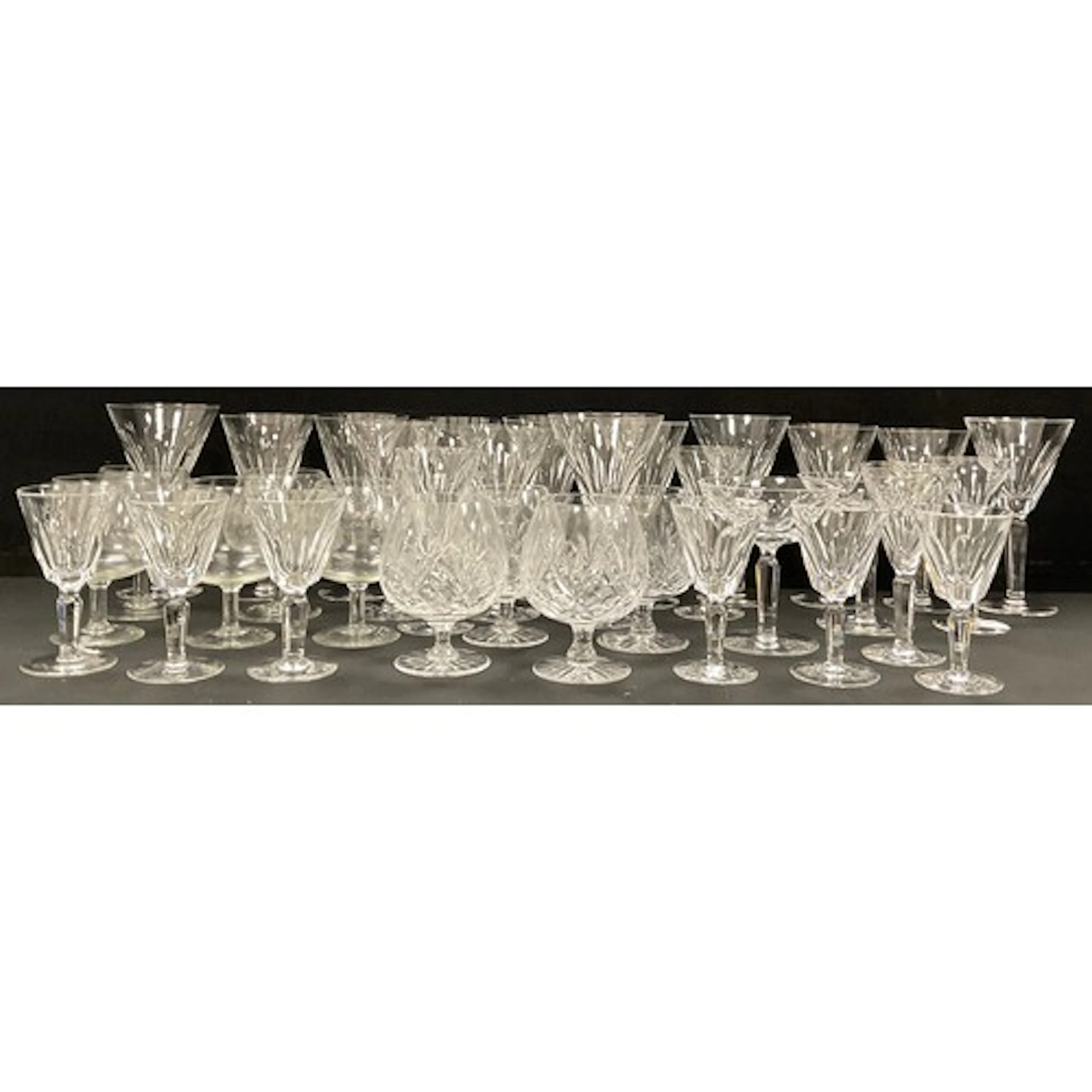 Glassware - set of six cut glass sherry glasses, nine wine g...