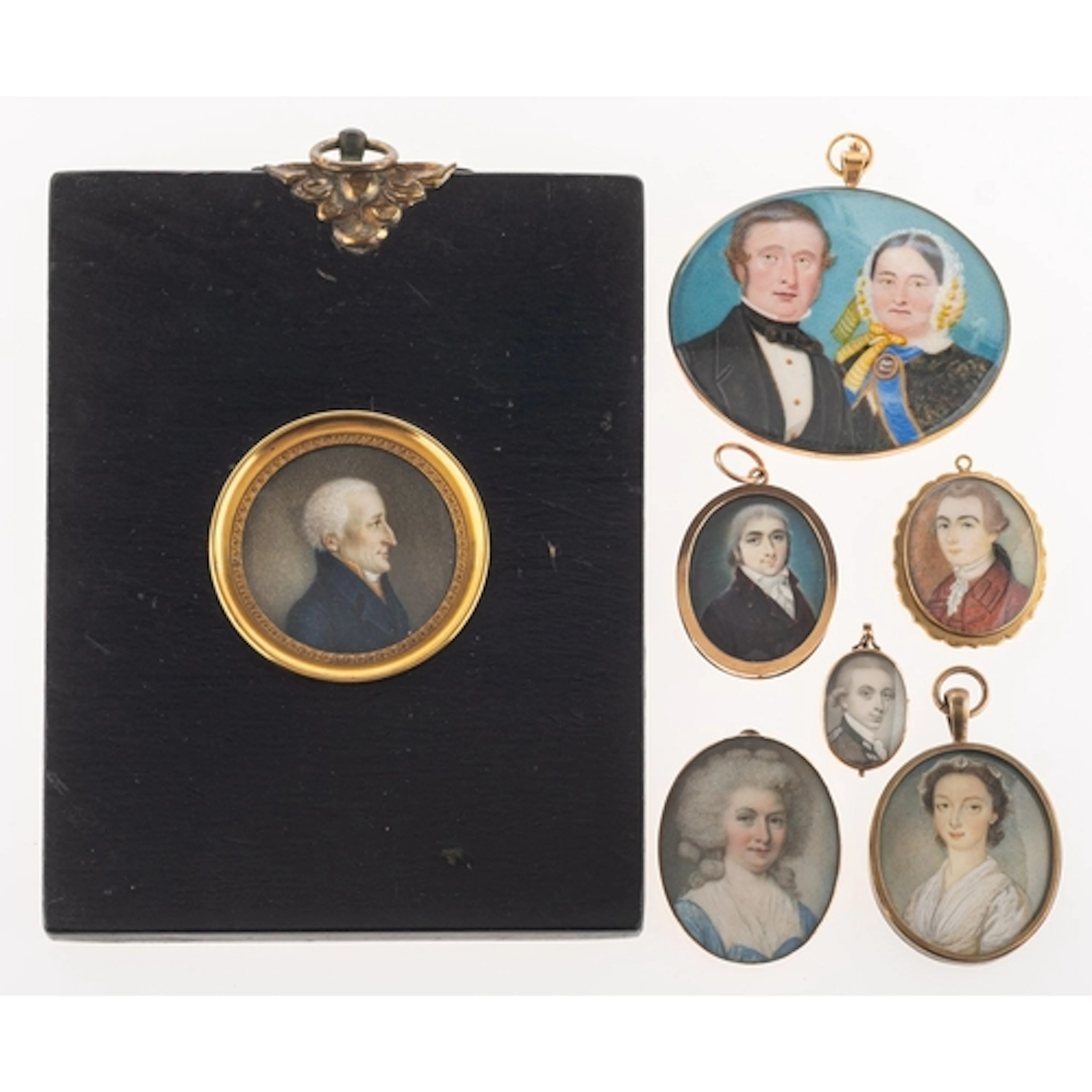 A group of seven antique ivory portrait miniatures, to inclu...