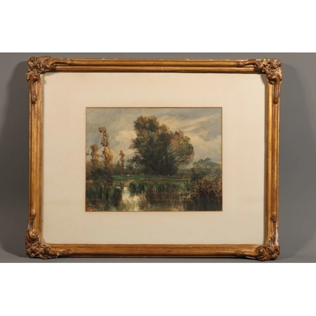 19TH CENTURY SCHOOL, a pond with cattle grazing in the dista...