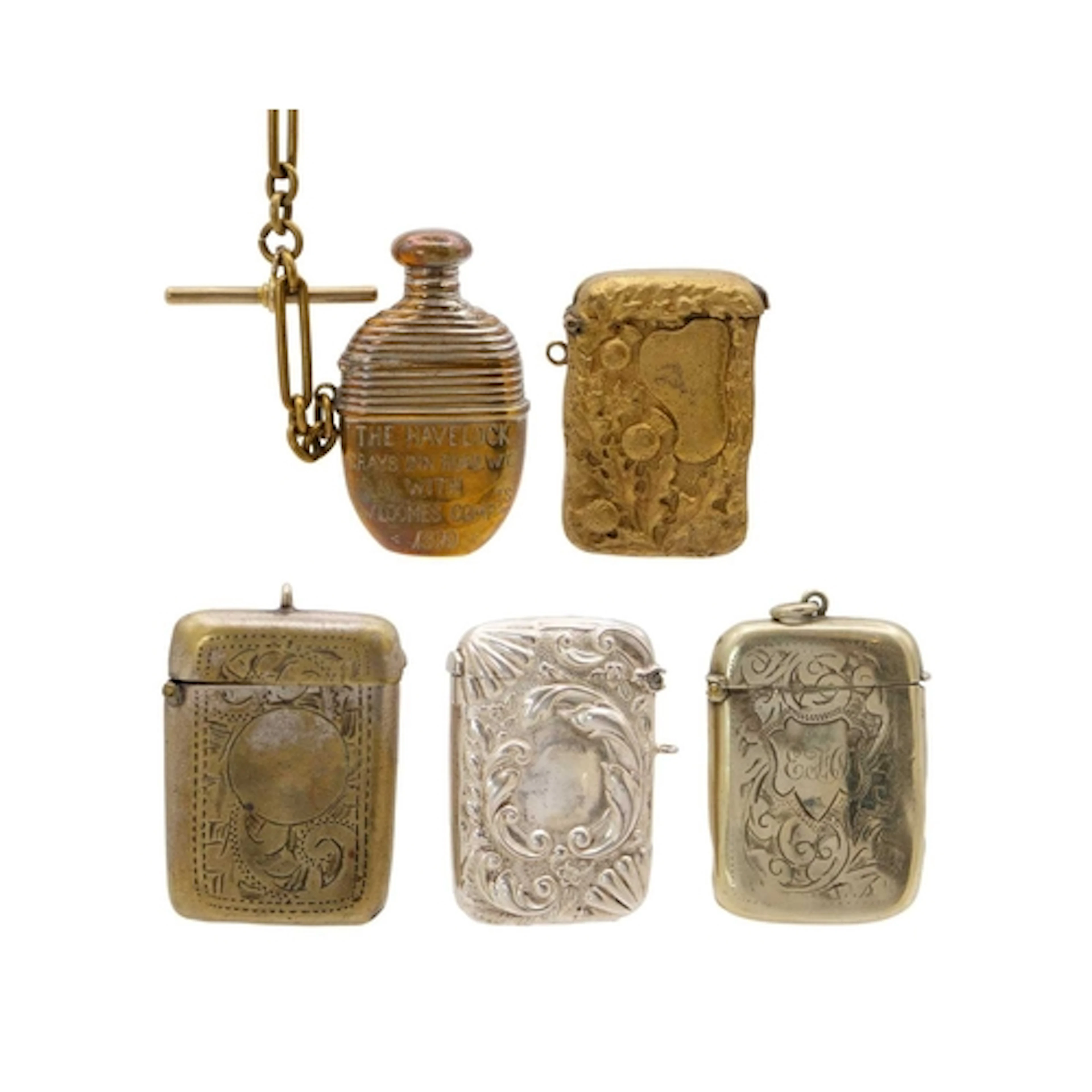 A collection of five fob vesta cases. To include an Albert w...