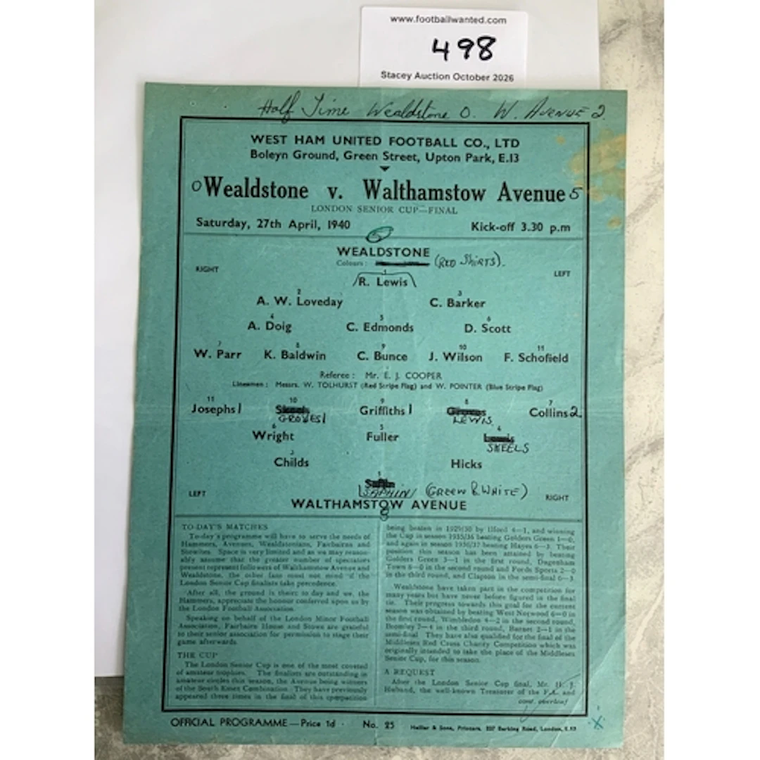 39/40 London Senior Cup Final Football Programme At West Ham...