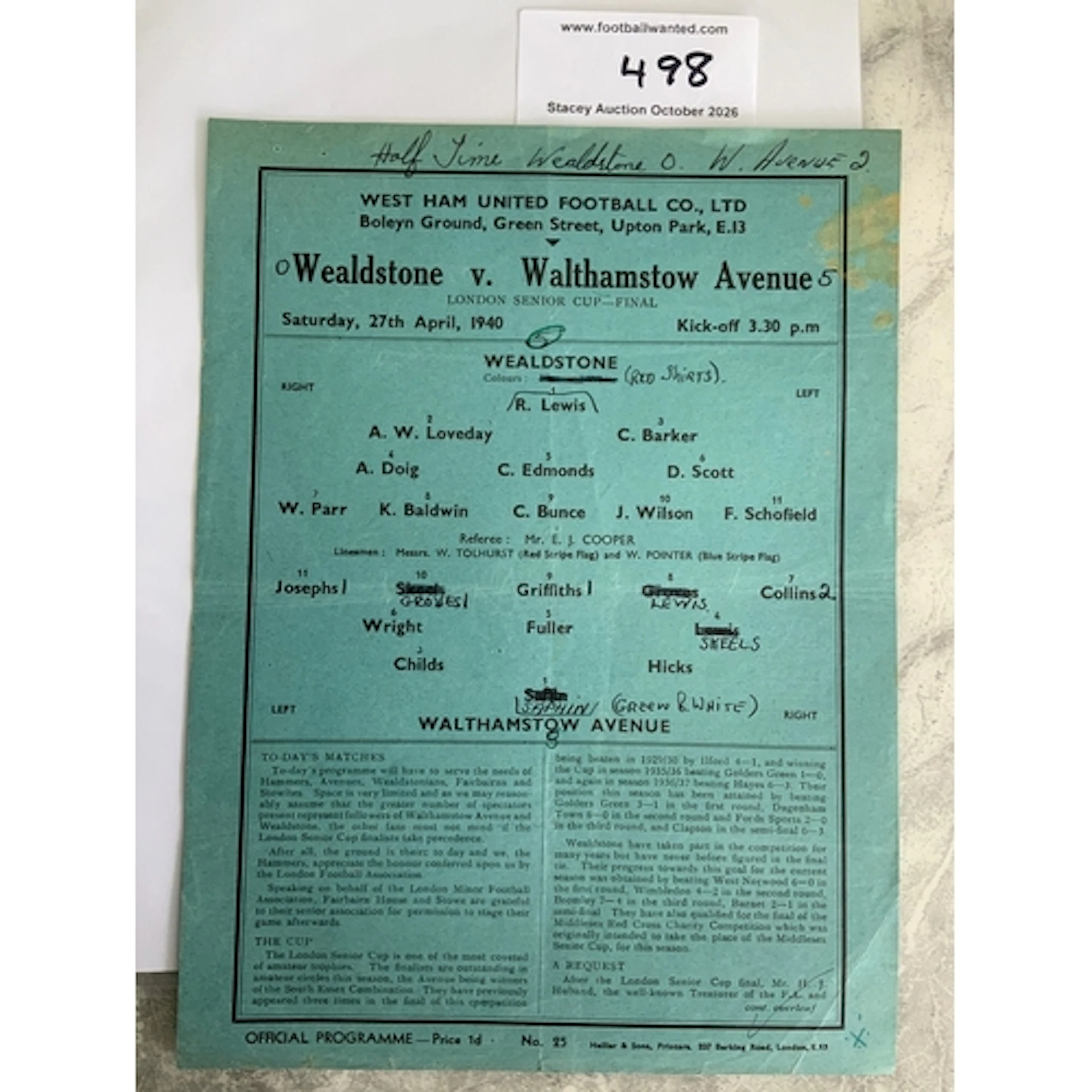 39/40 London Senior Cup Final Football Programme At West Ham...