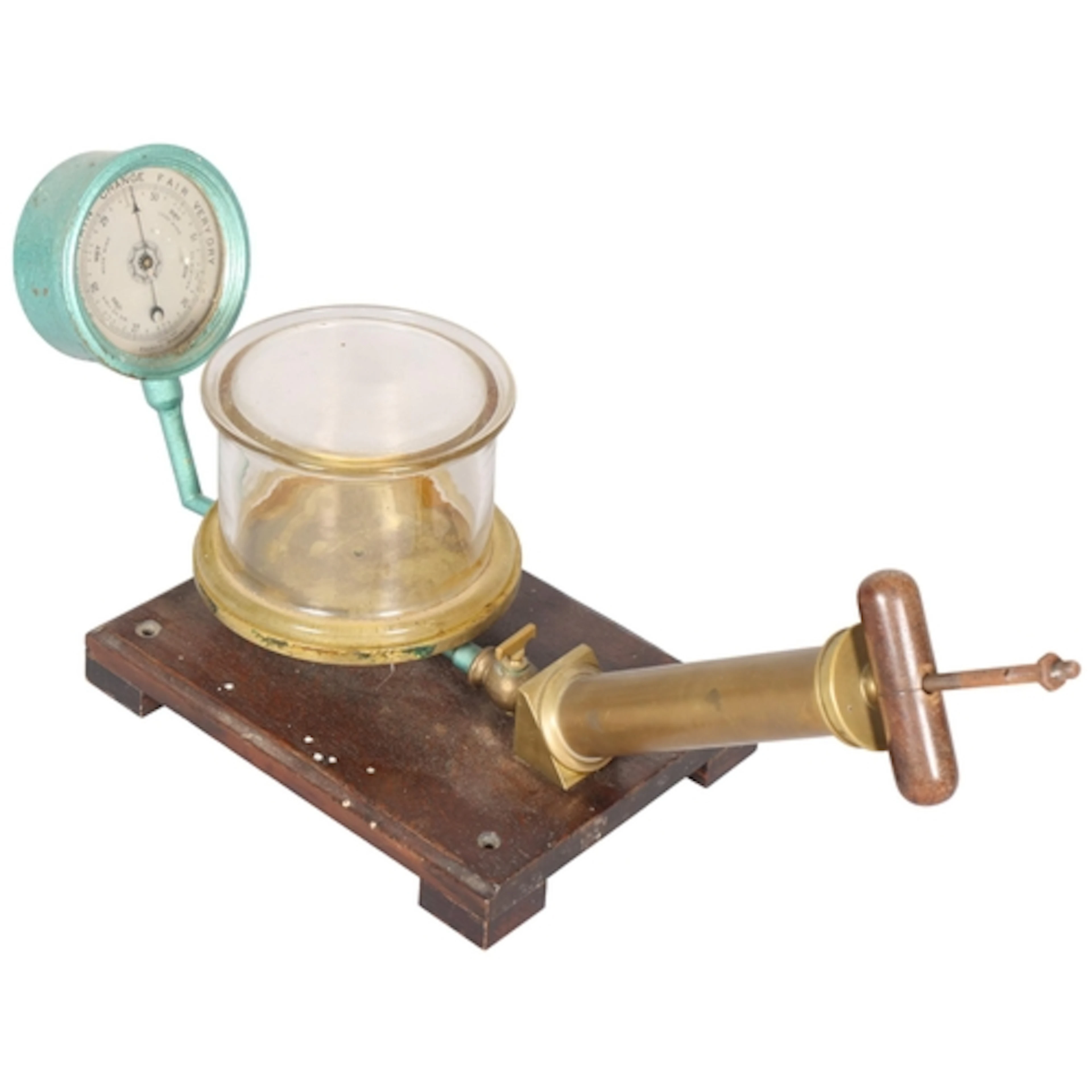 An aneroid barometer with attached bell jar on oak base, pos...