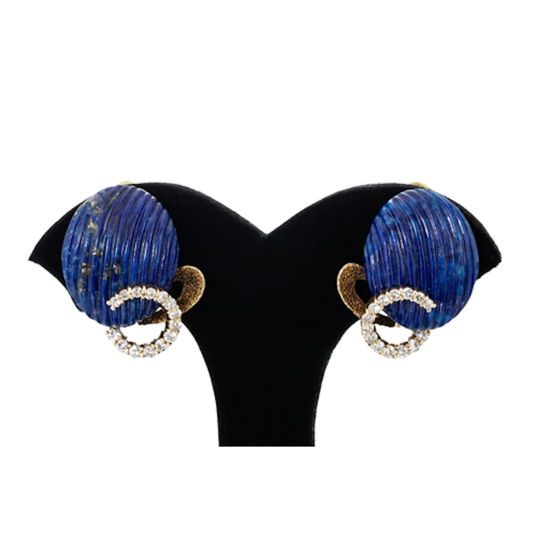 A PAIR OF LAPIS LAZULI AND DIAMOND EARRINGS, the textured ca...