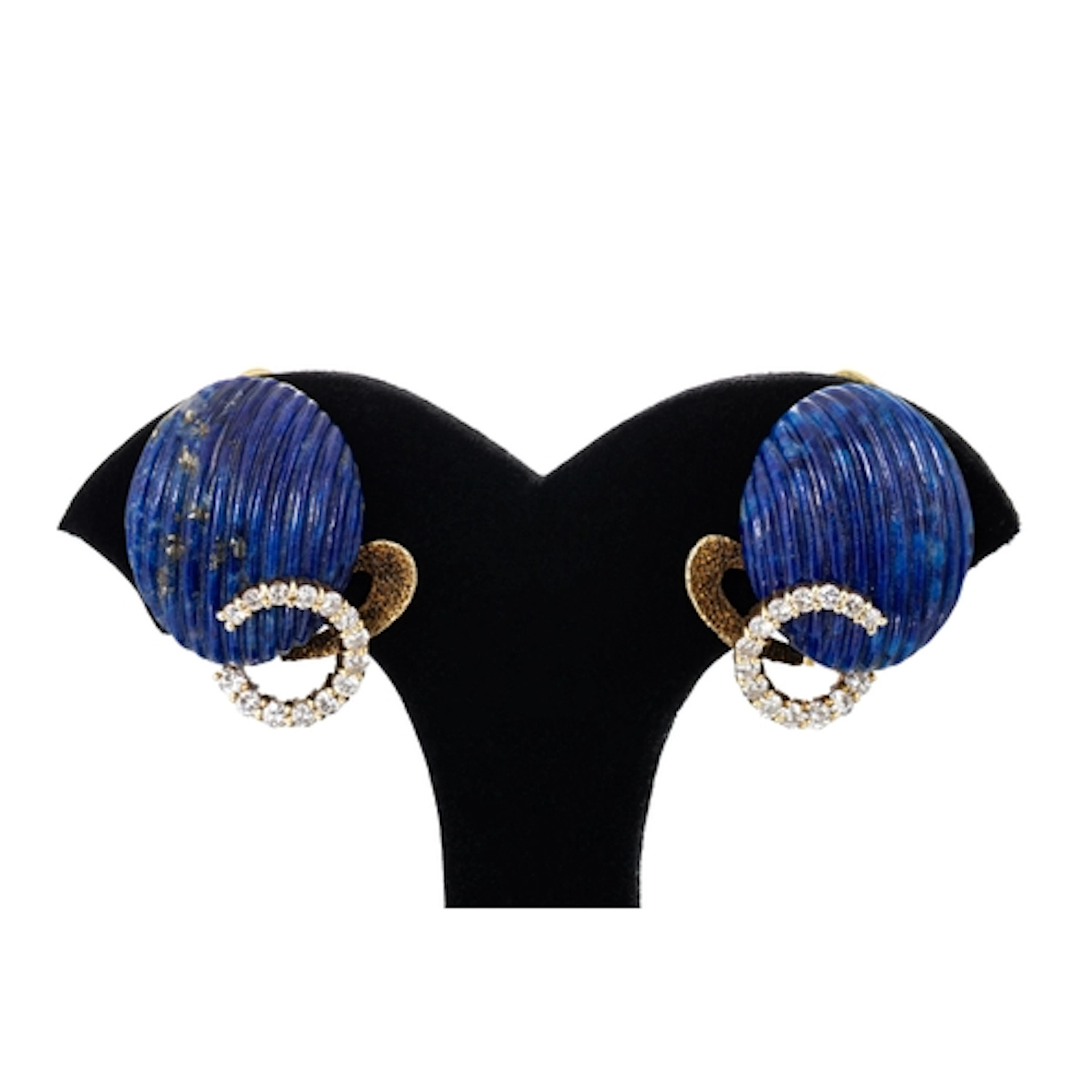 A PAIR OF LAPIS LAZULI AND DIAMOND EARRINGS, the textured ca...