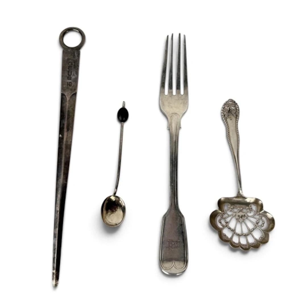 A GEORGE III STYLE SILVER MEAT SKEWER, AND OTHER ITEMS OF SI...