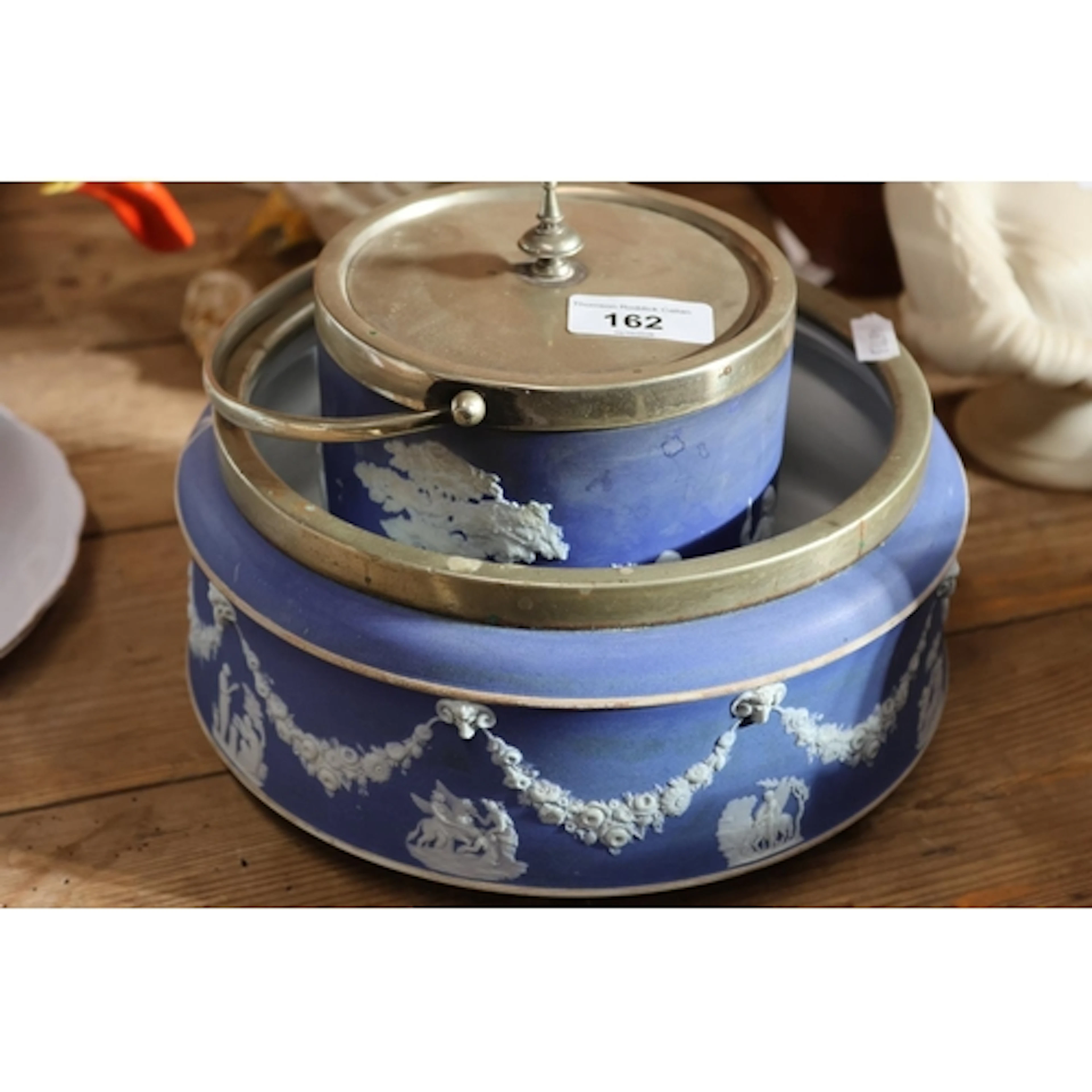 Wedgwood jasperware biscuit barrel and bowl.