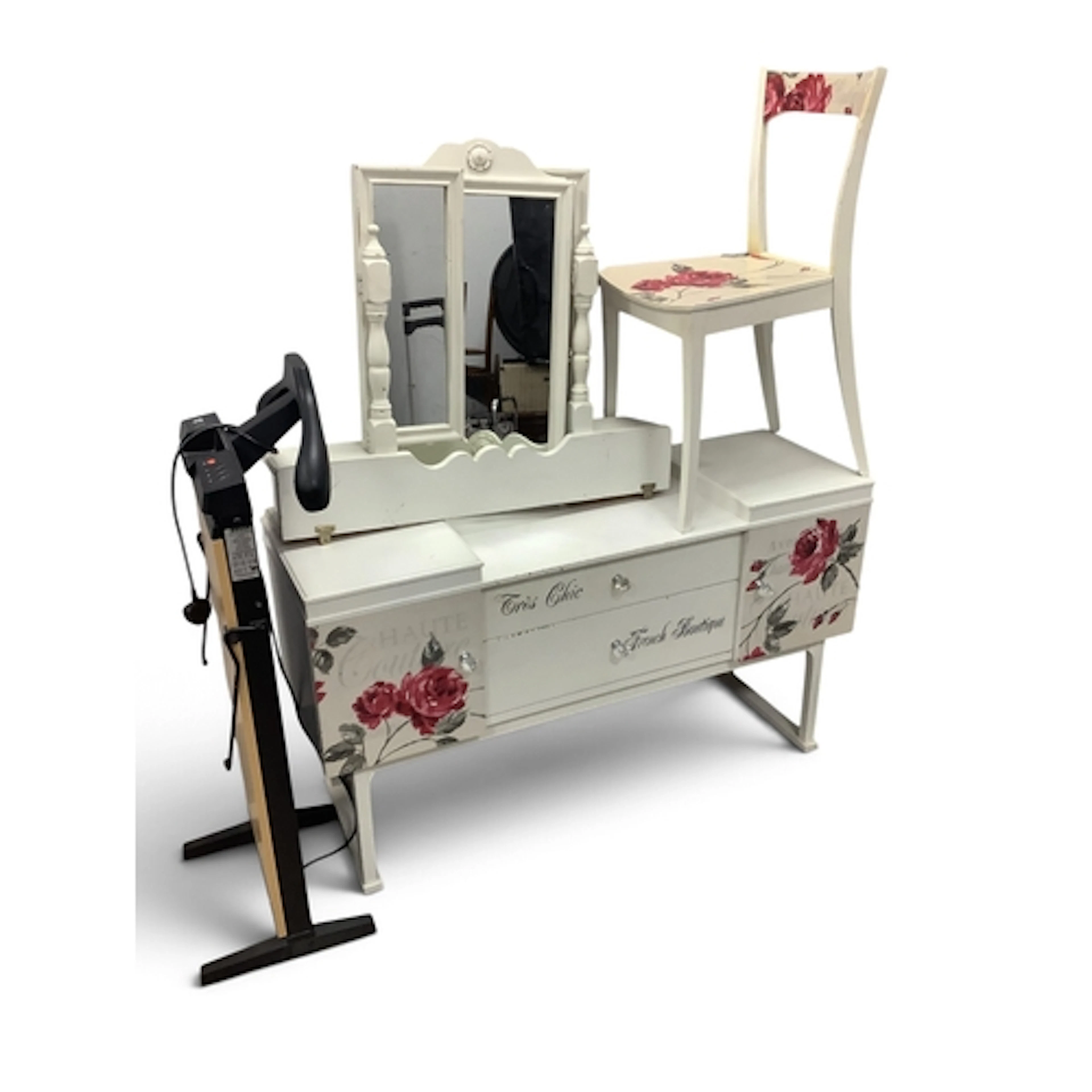 French Boutique White and Floral Painted Teak Dressing Table...