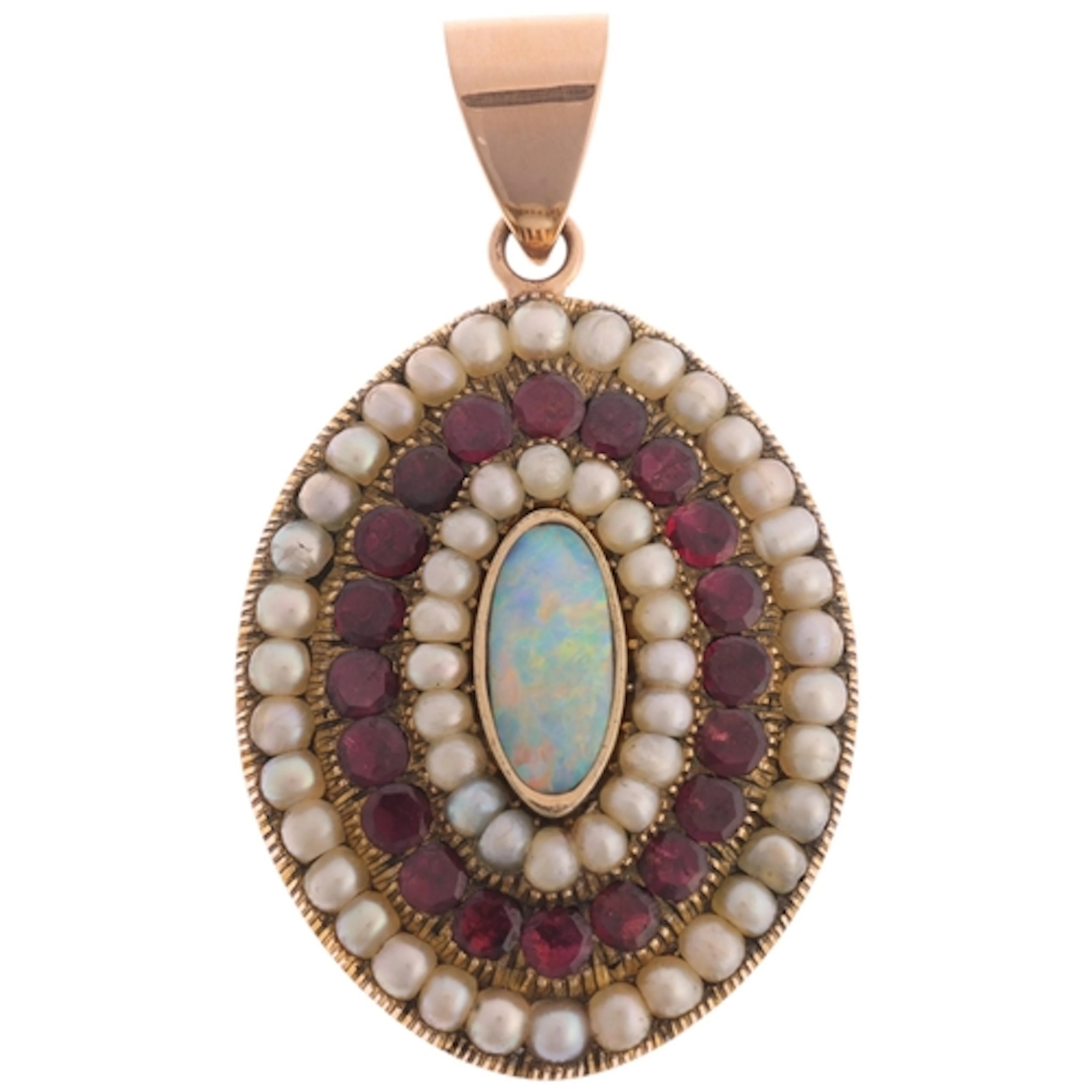 An Antique Georgian opal garnet and pearl marquise cluster p...
