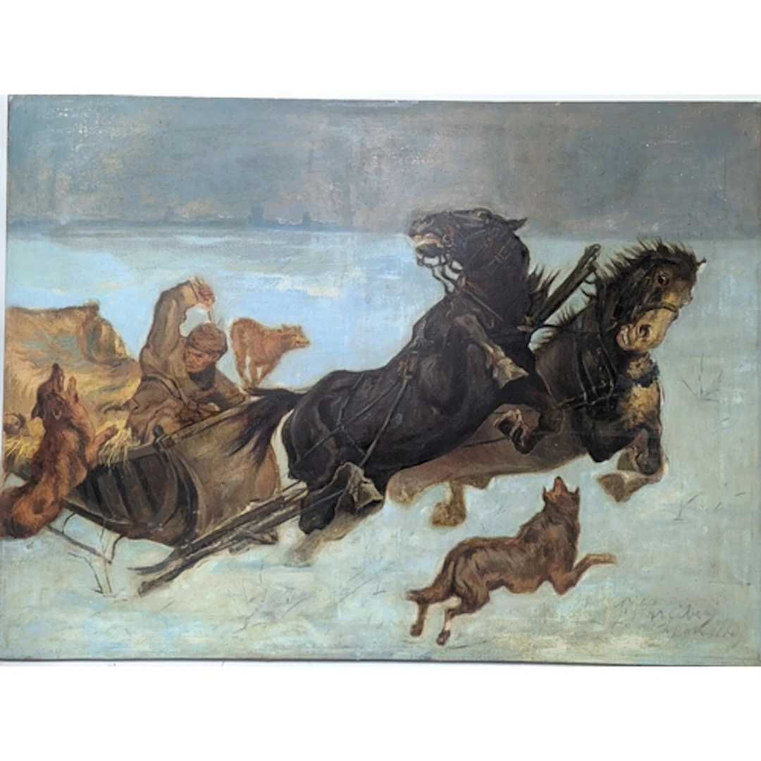 An oil on canvas depicting a man in sleigh with two horses r...
