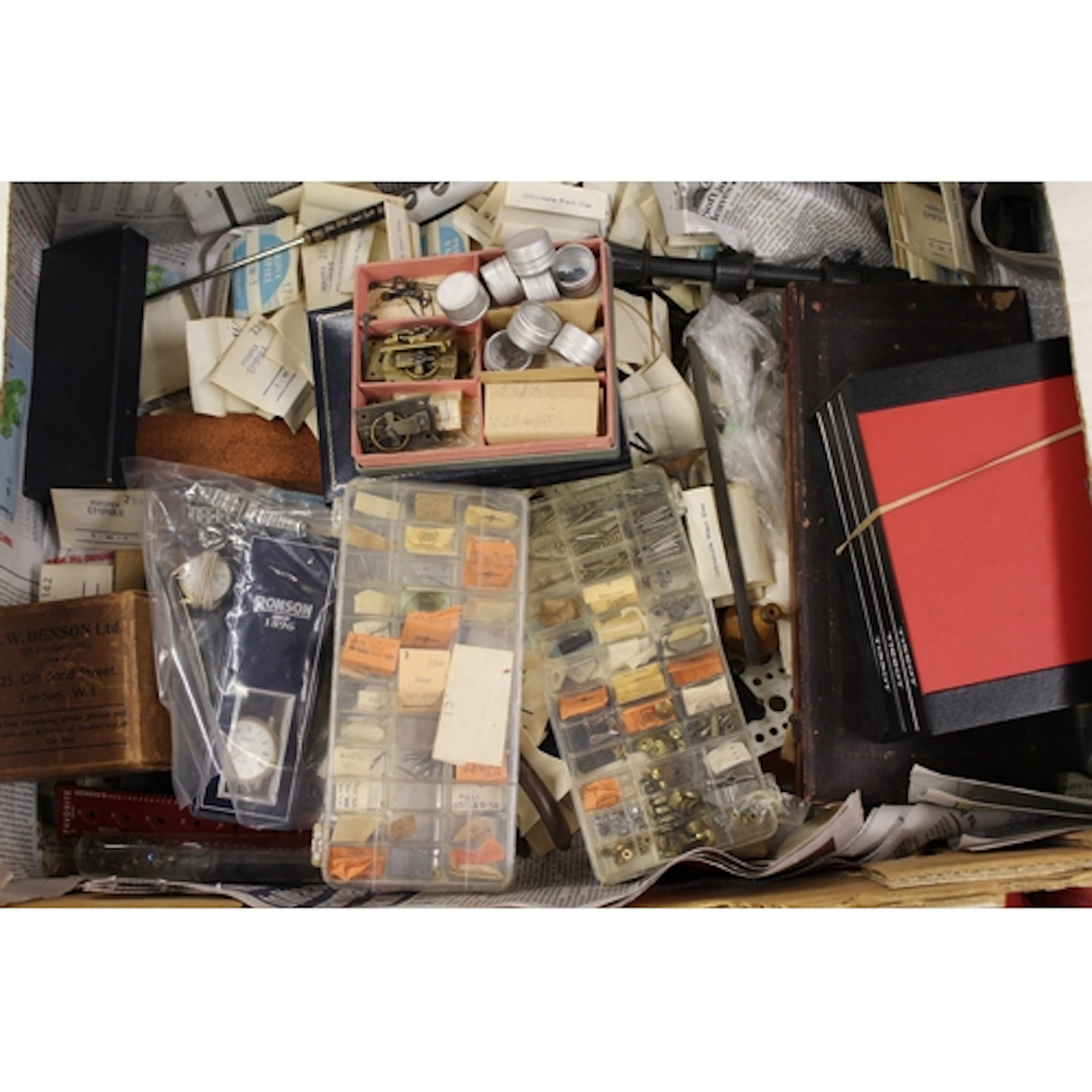 Box containing a large quantity of various watchmaker's spar...
