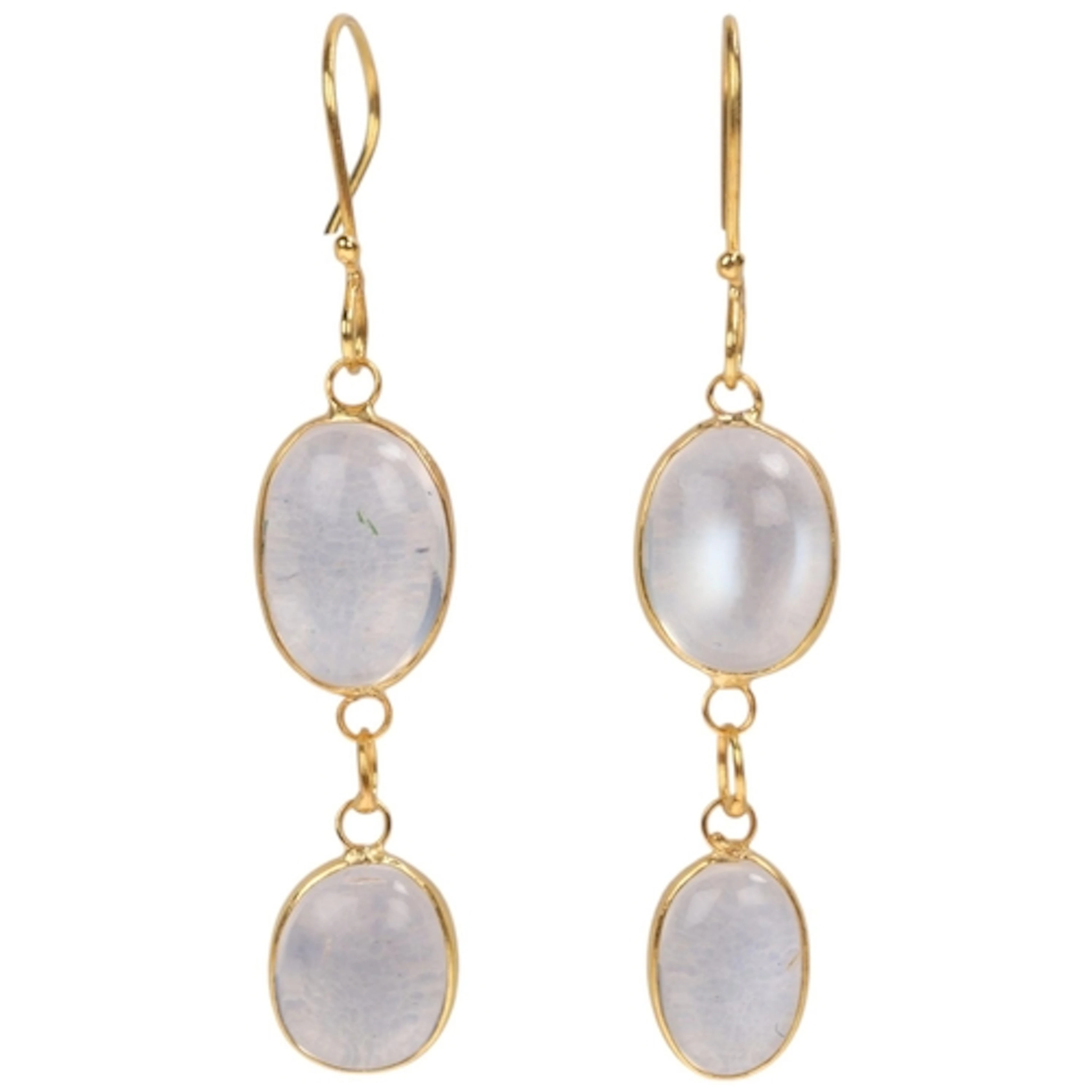 A pair of 14ct gold moonstone drop earrings, set with oval c...