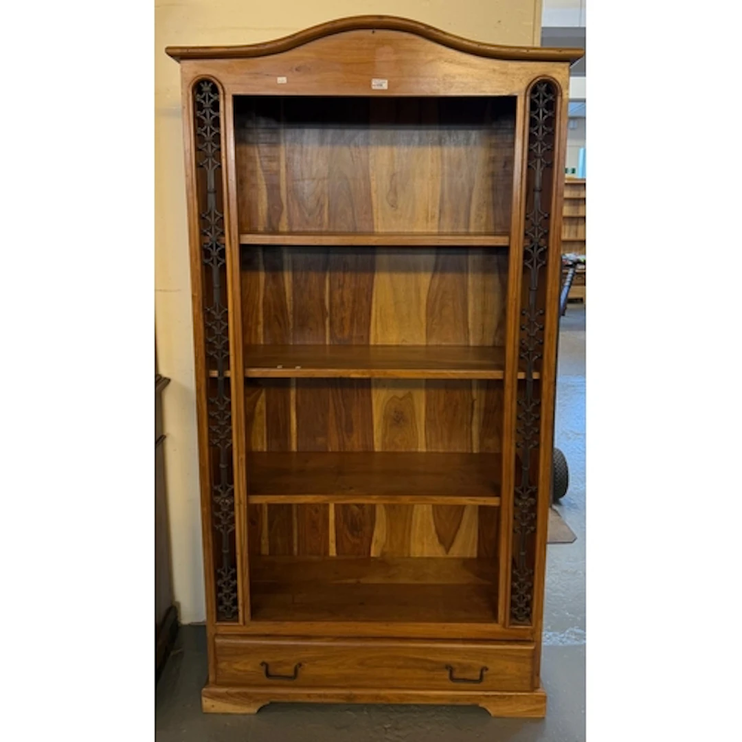 Modern hardwood Mexican style open bookcase with pierced met...
