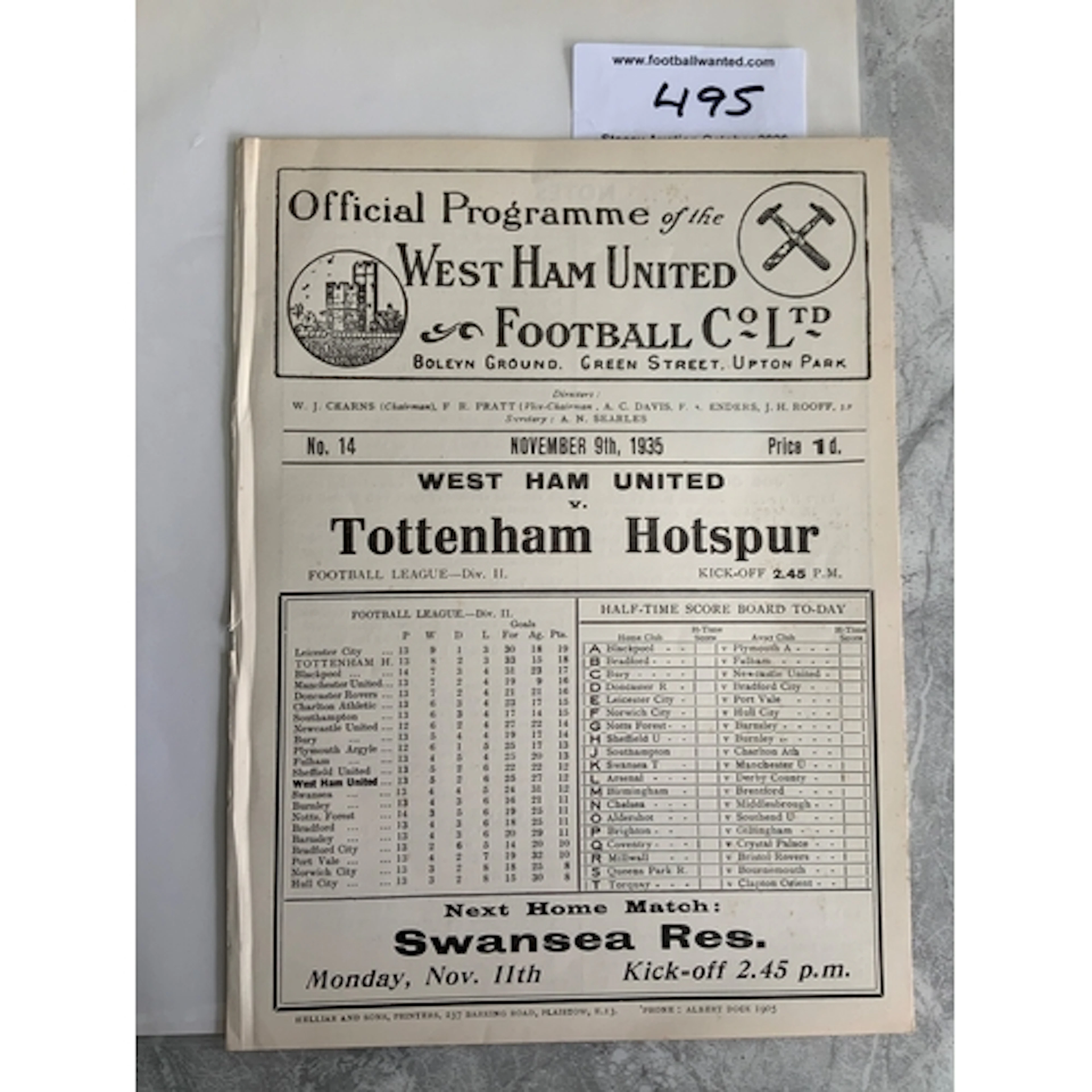 35/36 West Ham v Tottenham Football Programme: White ex boun...