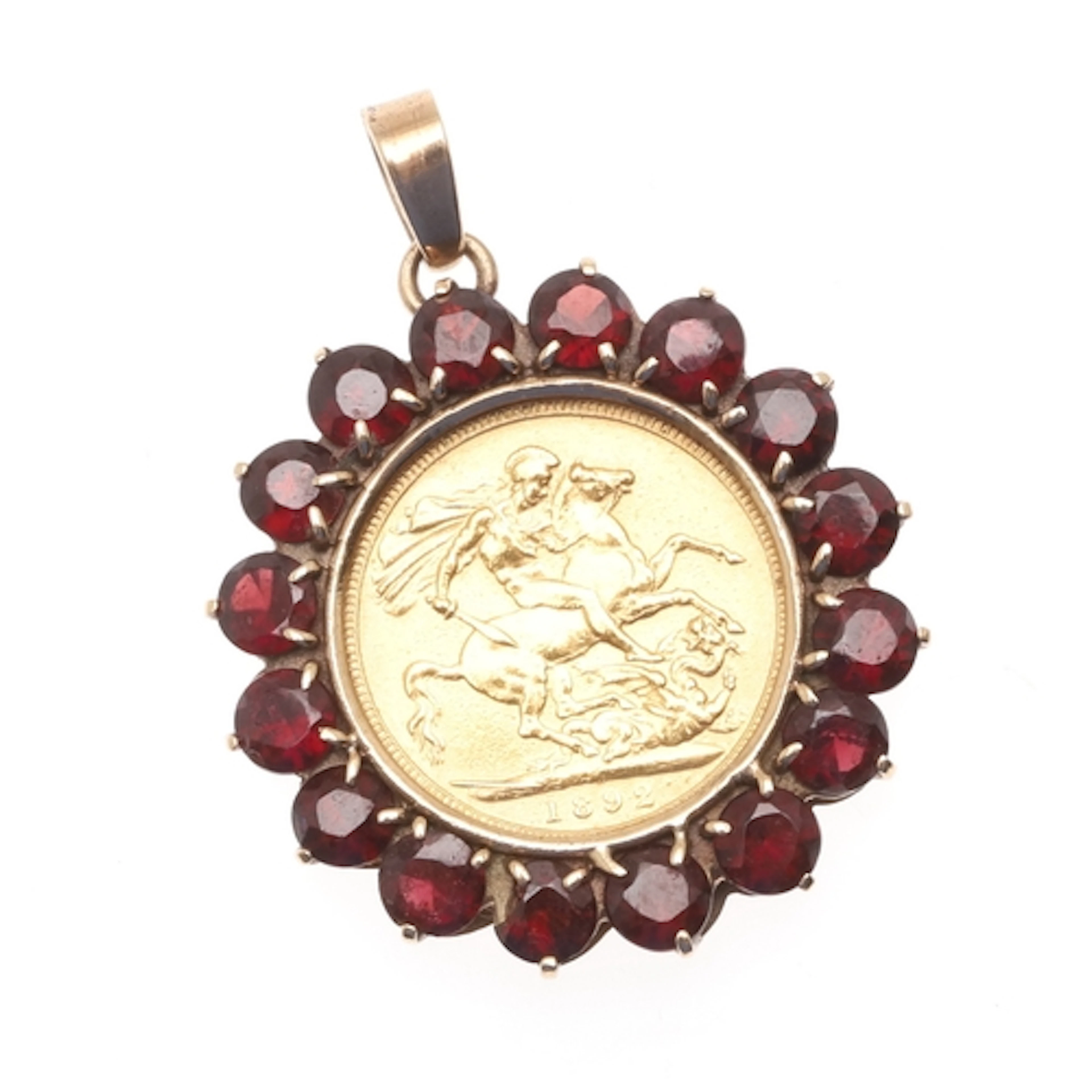 A GOLD SOVEREIGN AND GARNET PENDANT. the gold sovereign date...