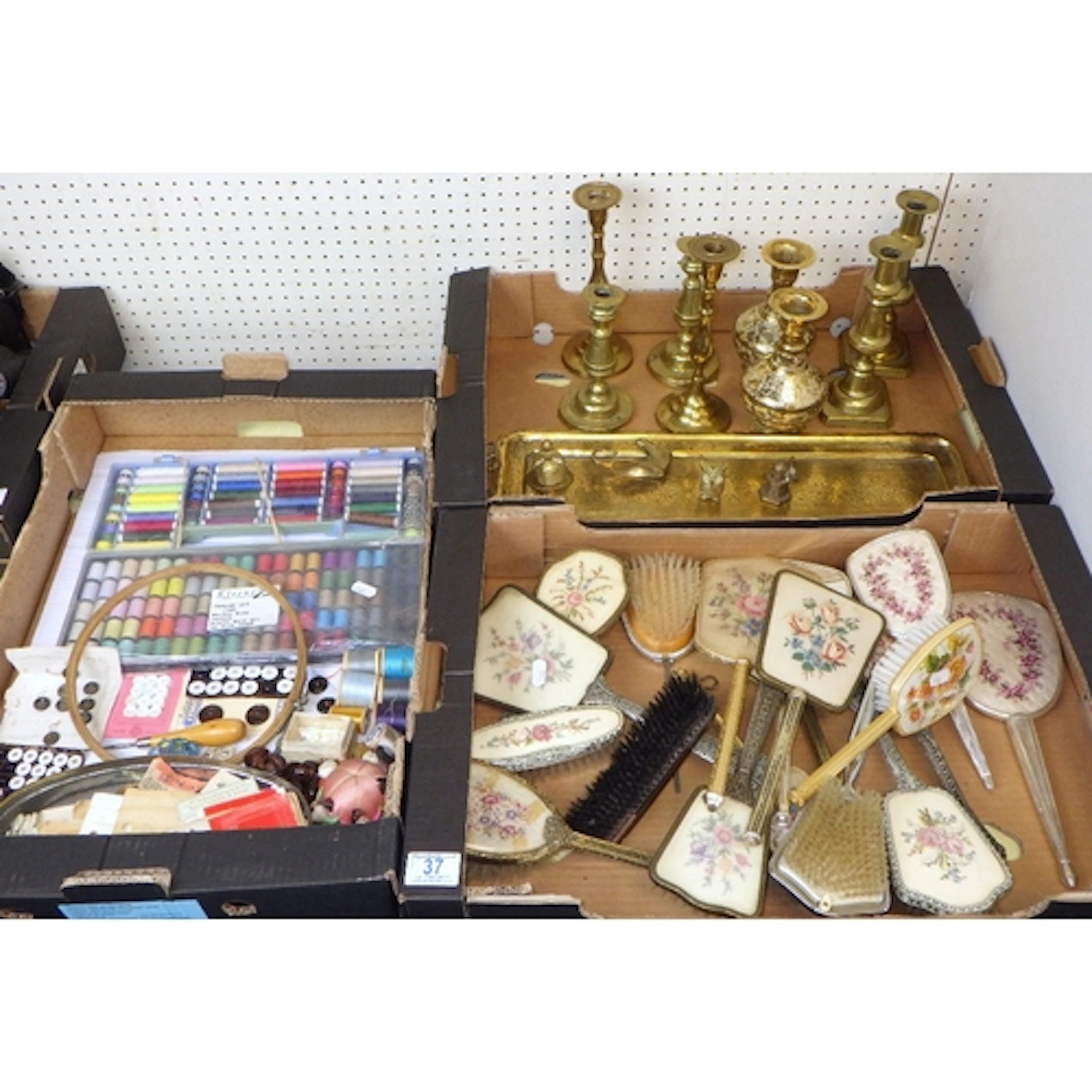 A qty of metalware to inc brass candlesticks together with a...