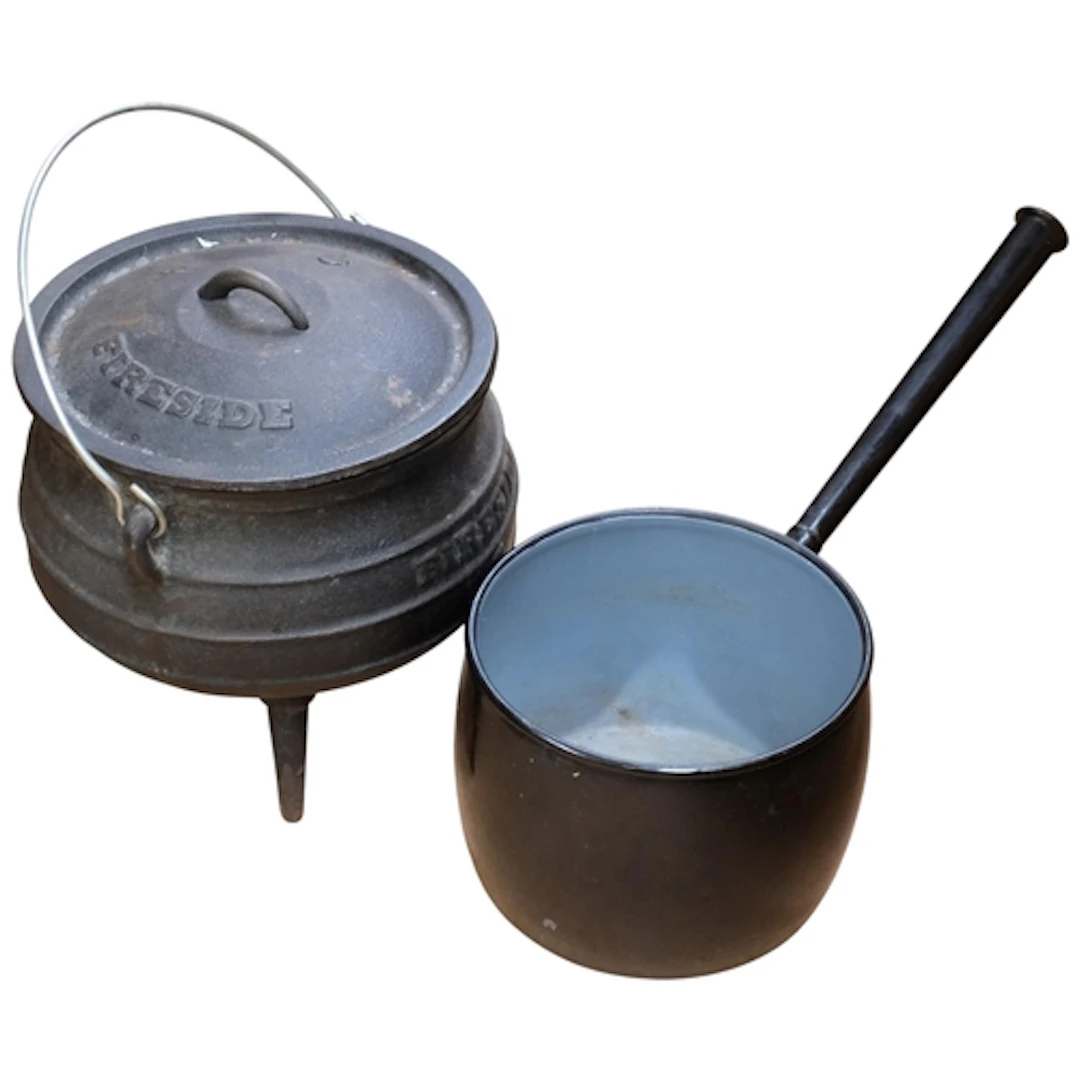 A cast-iron fireside cauldron, H31cm, and a Vintage black en...